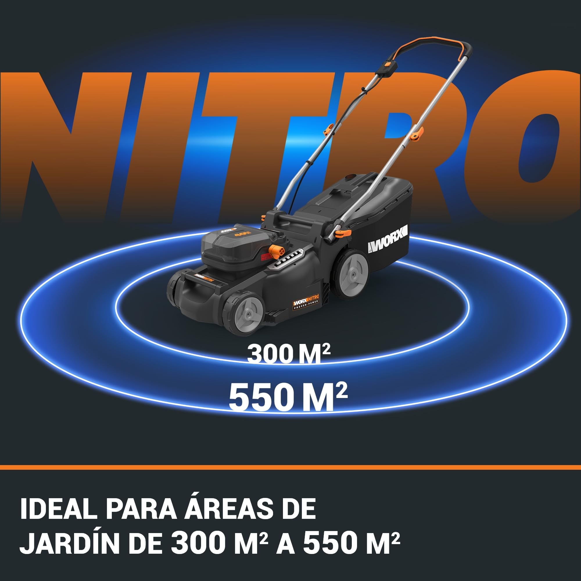 Worx WG737E Cortacésped Nitro Brushless 40V 37cm 2 Baterías | Cortacésped inalámbrico 40V Nitro motor brushless, 37cm corte, 6 alturas, saco 40L. Compatible PowerShare WORX.