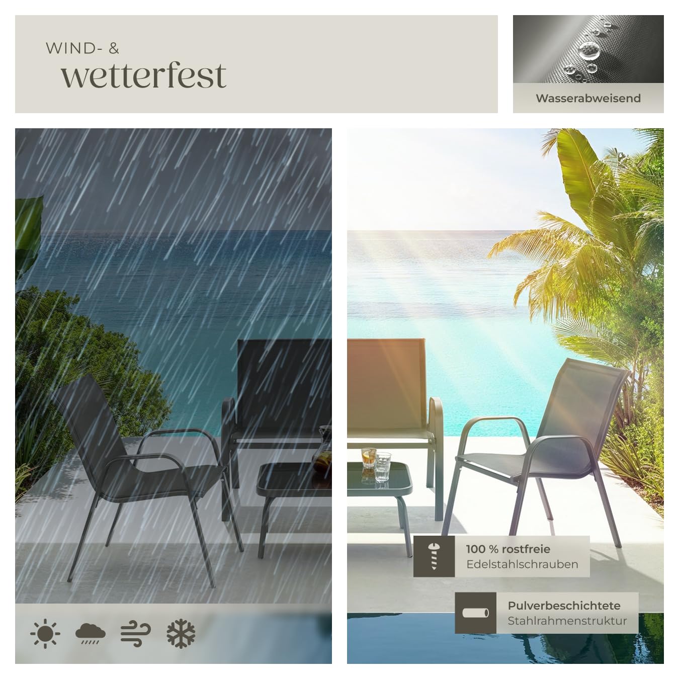 tectake® Gartenmöbel Set für 4 Personen, Sitzecke Outdoor für Balkonmöbel Kleiner Balkon mit 2X Stuhl, 1x Gartentisch und 1x Gartenbank wetterfest, Lounge Möbel Outdoor - anthrazit