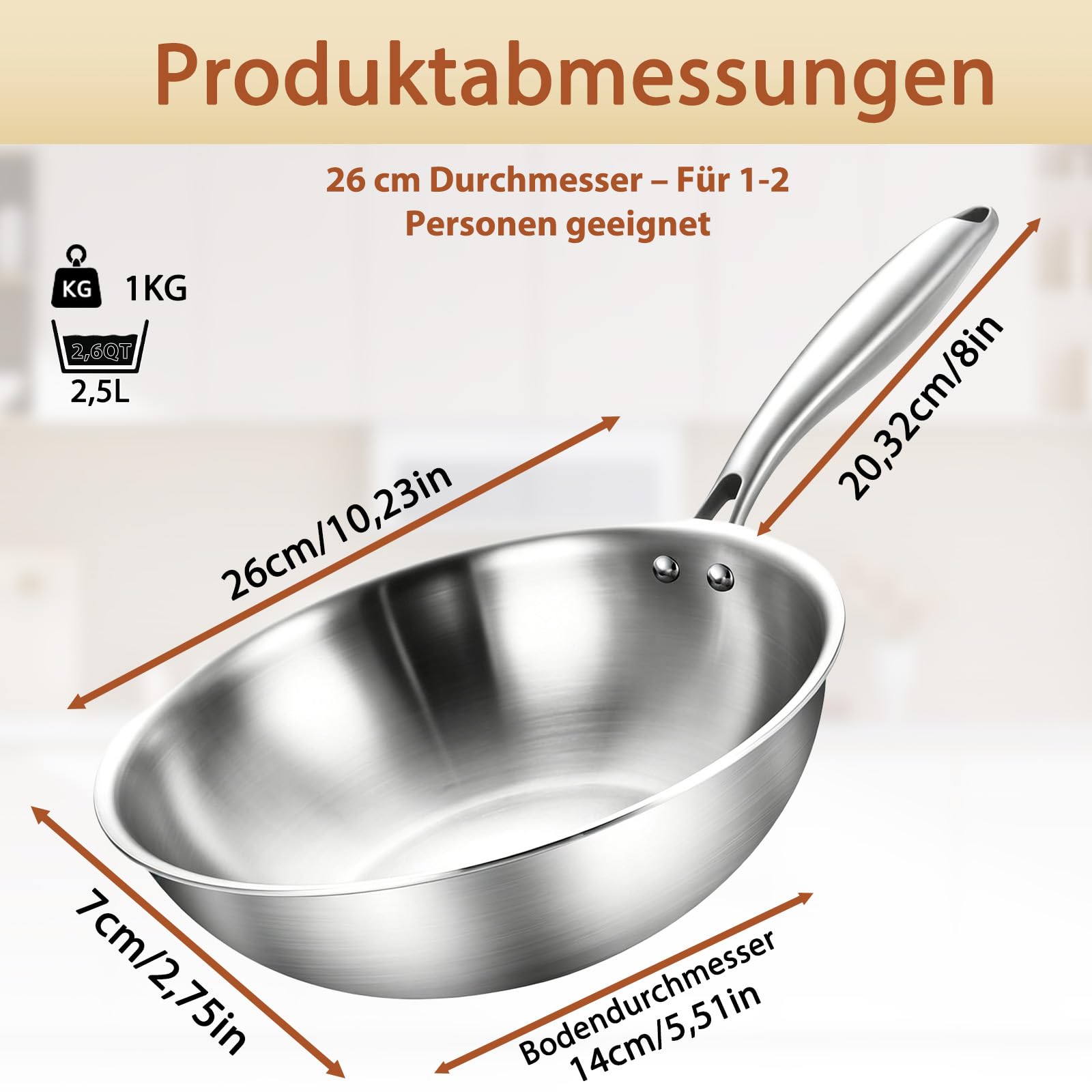 LOLYKITCH Wok 26 cm, unbeschichtete Edelstahl-Wokpfanne mit Glasdeckel