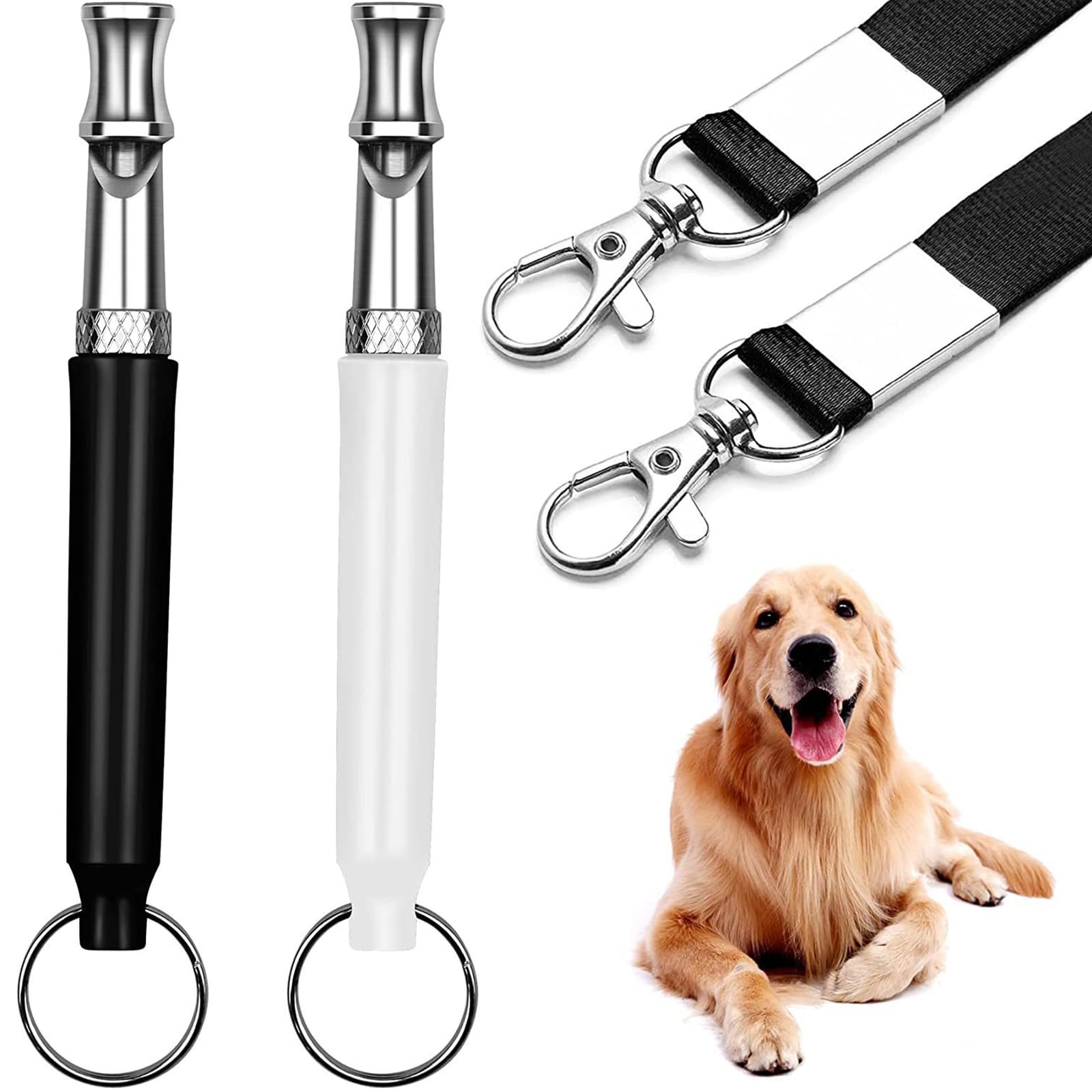 2 Fischietti per Cane (Nero & Bianco), Strumento di Addestramento Ultrasonico con Cinturino 49cm, per Richiamo e Addestramento Canino