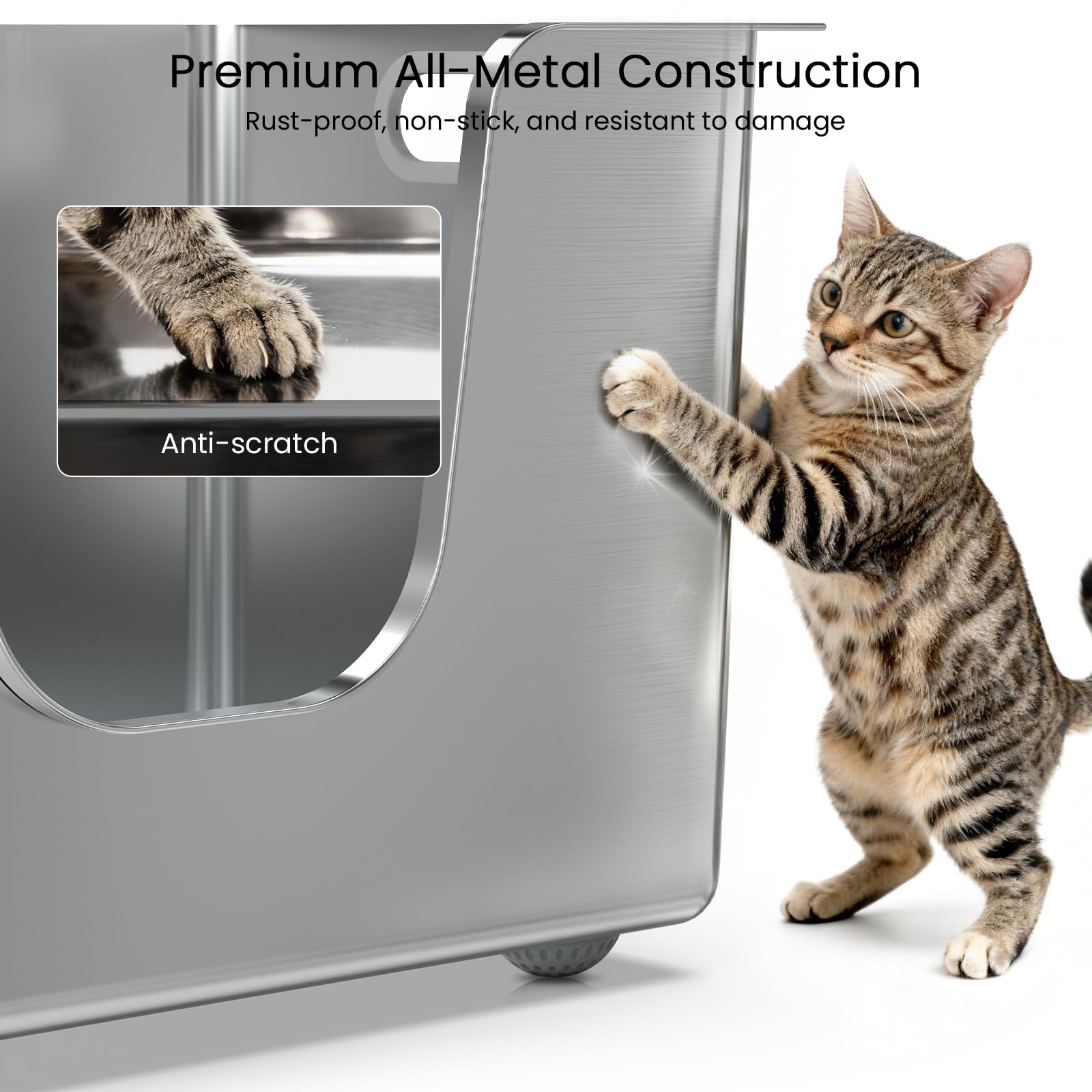 PTLOM Lebensmittelechtes Katzenklo Edelstahl XXL Katzentoilette 30cm Hohe Ränder Rostfrei,Auslaufsicher, Niedriger Einstieg für ältere Katzen + Rollen – Perfekt für Mehrkatzenhaushalte