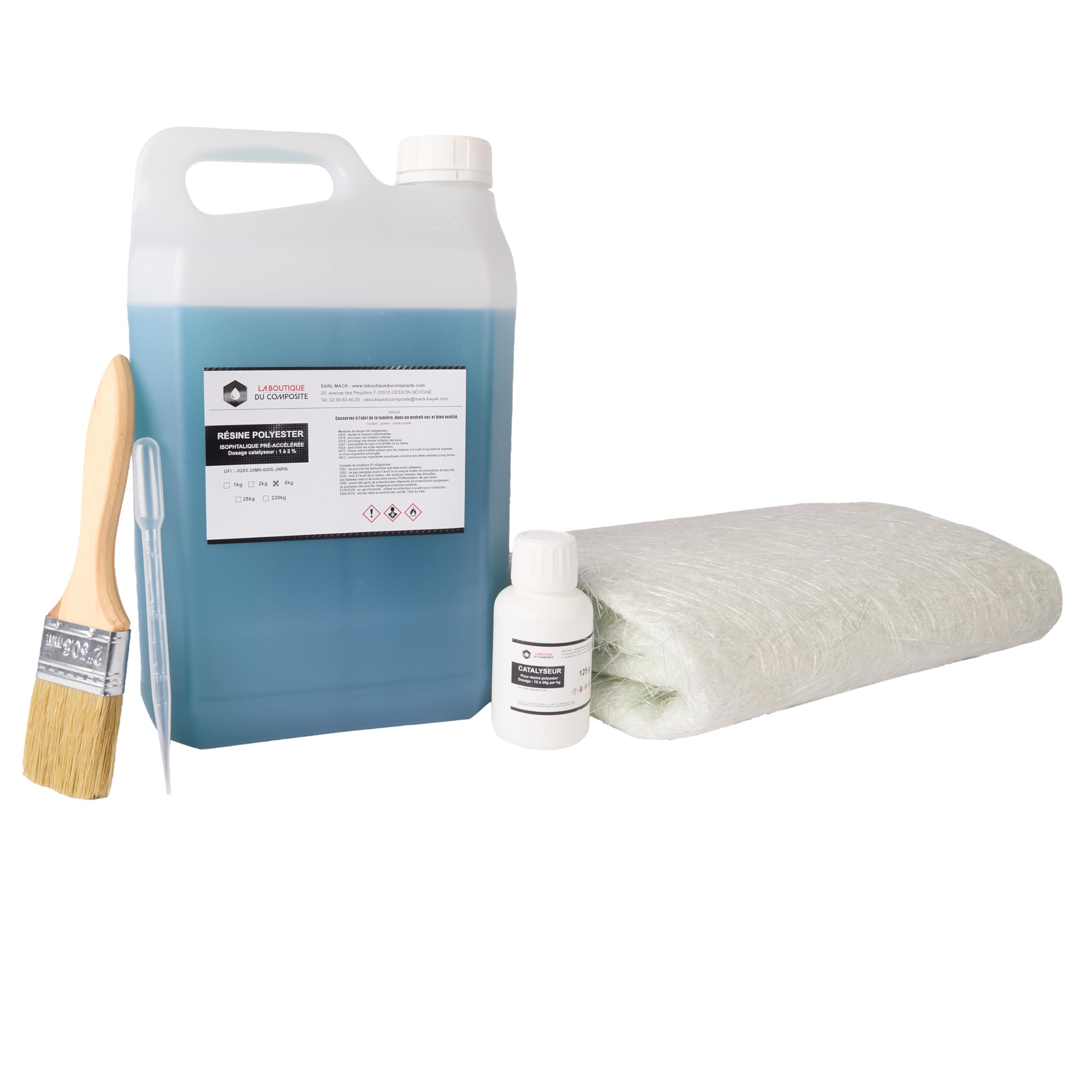 6,5 m² Tissu de verre 300 gr/m² + 5 Kg Résine Polyester iso + Catalyseur + Pipette dosage.