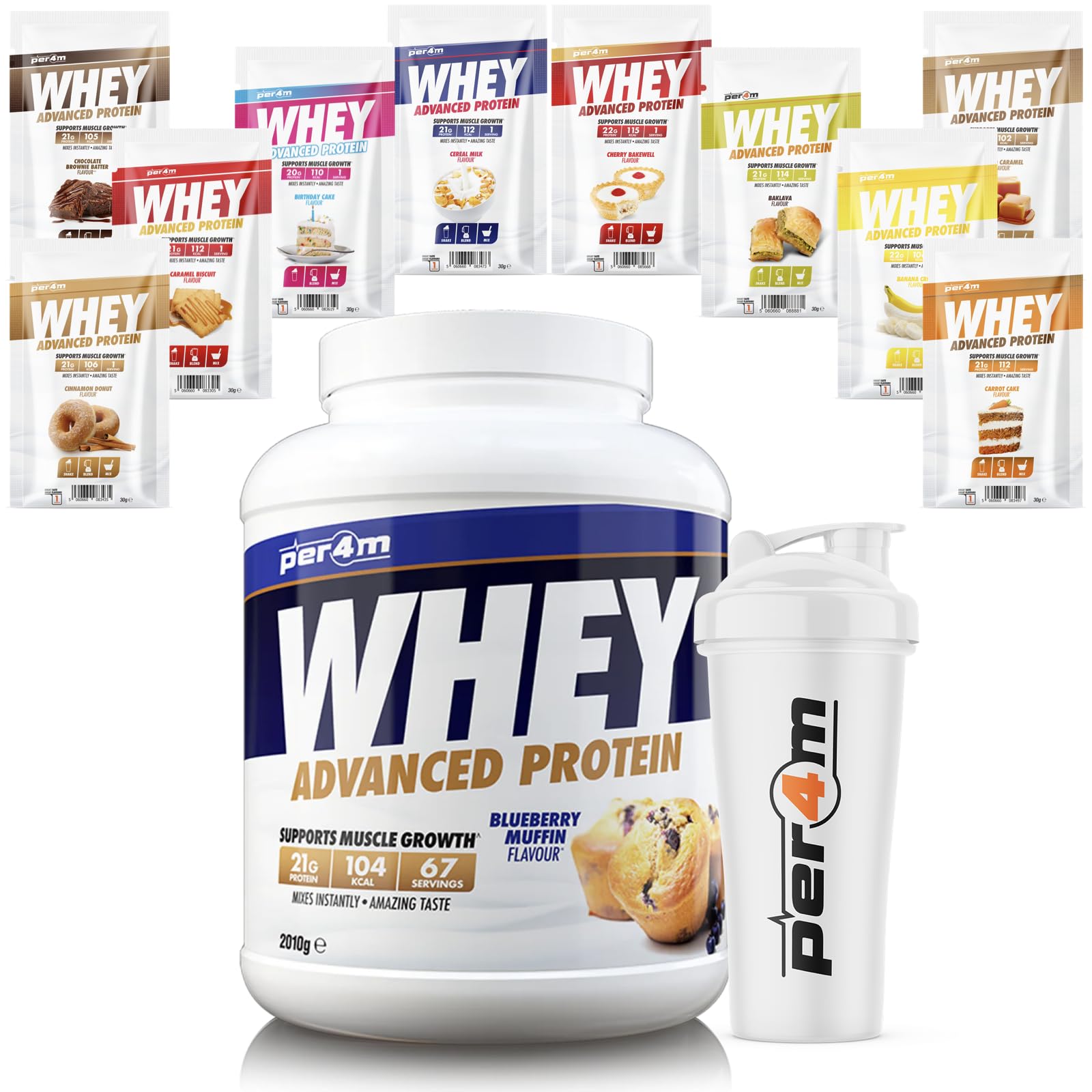 per4mAdvanced Whey Protein Powder | 67 Serving Low Sugar Protein Shake with Amino Acids | Perfect for Your Gym Bag and Travel | Shaker & 10 Mixed Selection Sachets (2010g, Blueberry Muffin)