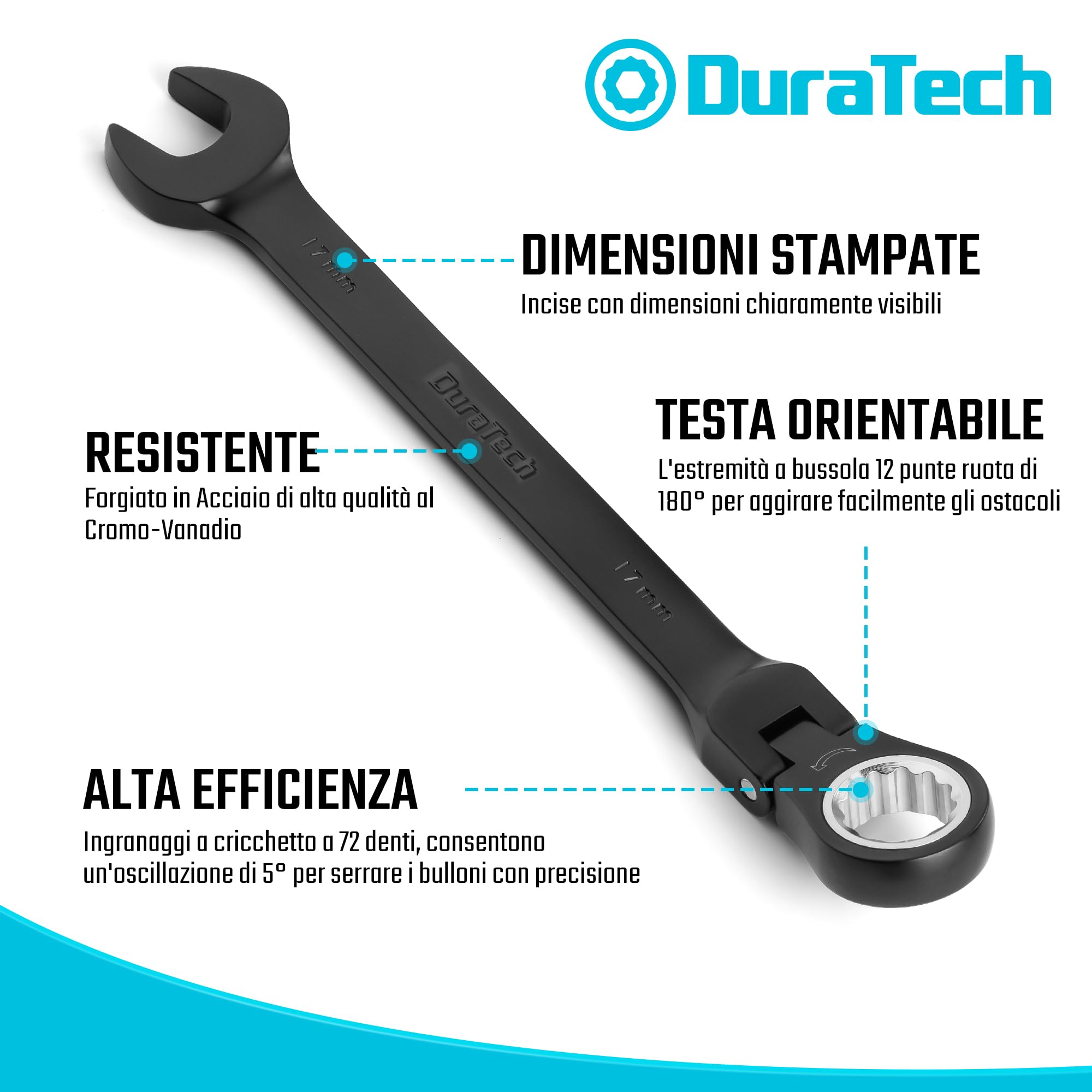 DURATECH Set di chiavi combinate a cricchetto con testa flessibile, 72 denti, metriche, 9 pezzi, 8, 10, 11, 12, 13, 14, 15, 16, 17 mm, rivestimento elettroforetico nero, acciaio CR-V, con custodia