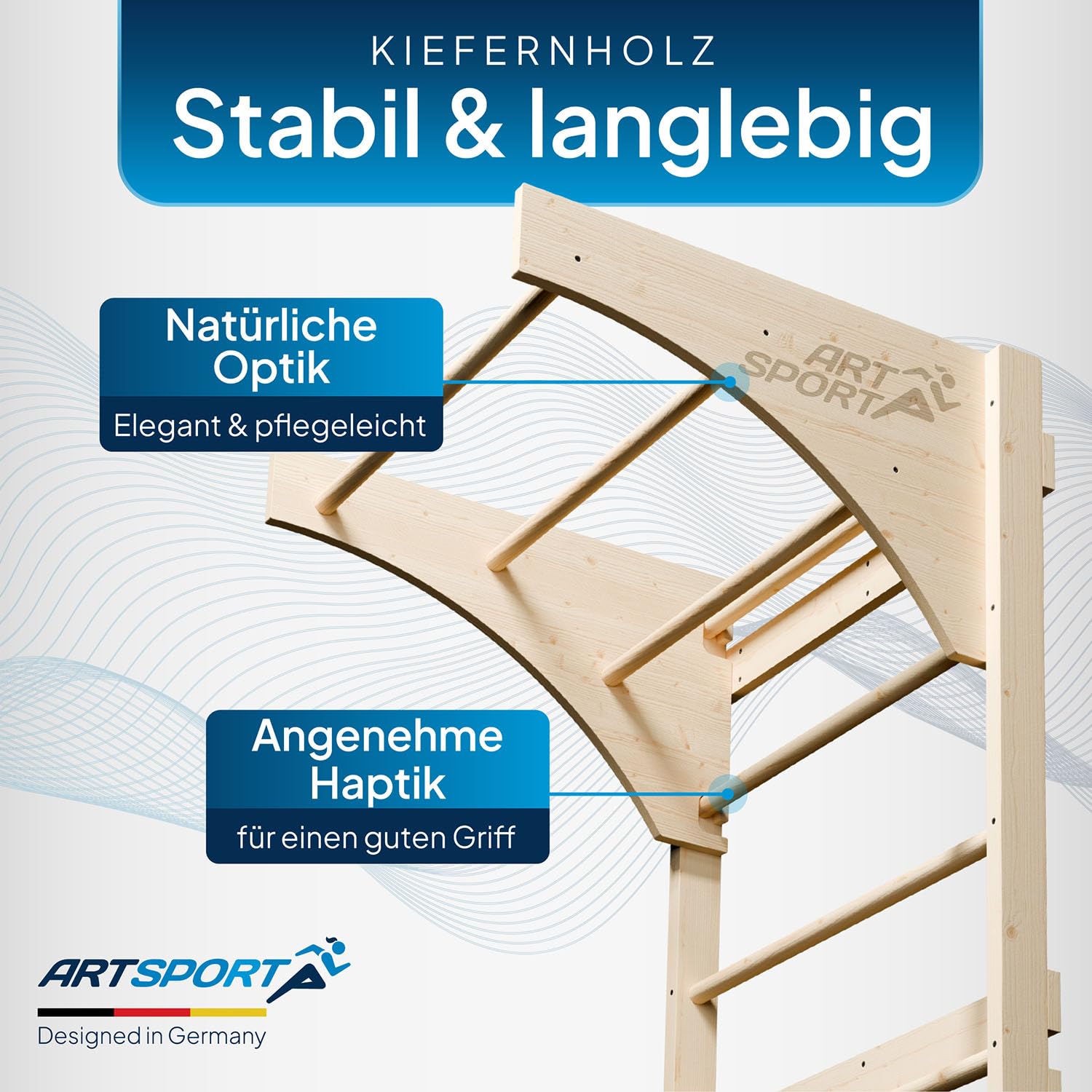 ArtSport Sprossenwand für Erwachsene – Indoor Klettergerüst aus Holz mit Klimmzugstange, stabile Kletterwand zur Wandbefestigung für Fitness & Training – Natur