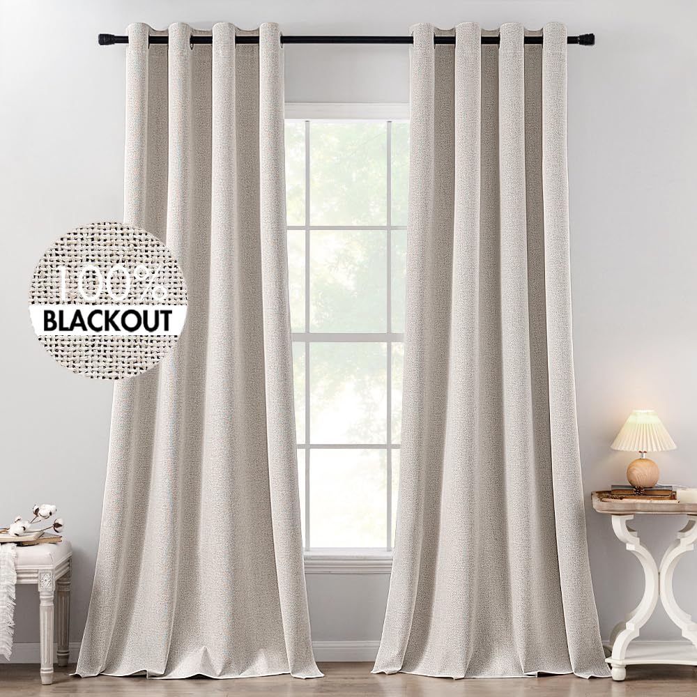 MIULEE 100% Blackout Linen Textured Curtains for Bedroom Solid Thermal Insulated Ivory Grommet Room Darkening Curtains & Drapes Luxury Decor for