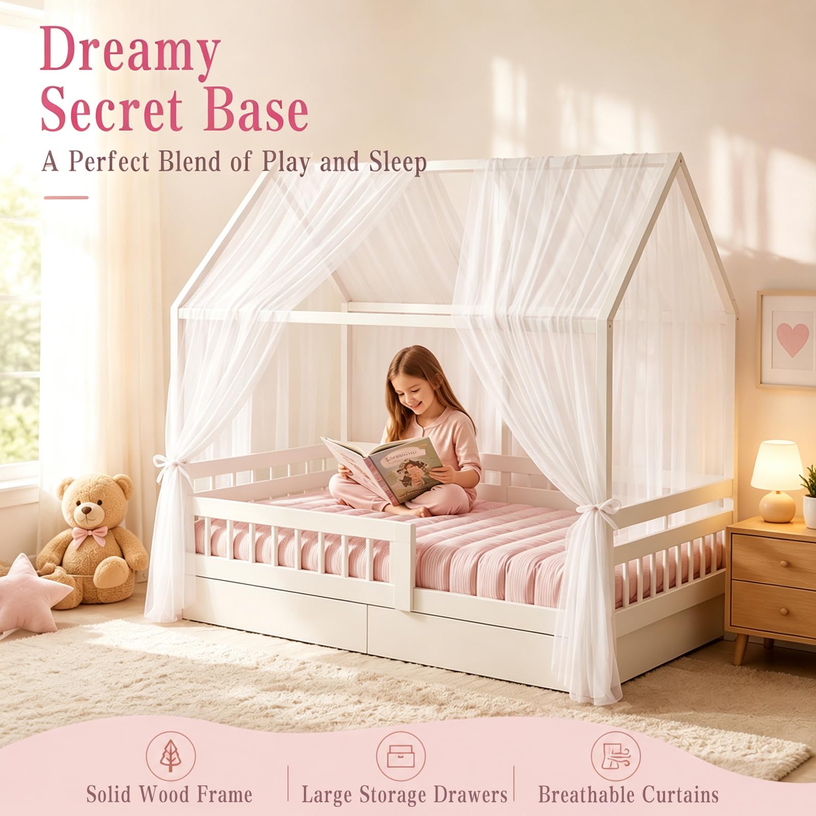 2 Pezzi Letto a Baldacchino per Bambini Tenda Decorativa Cameretta Infantile Universale per Ragazzi e Ragazze Dimensione 150x350cm (Bianco)