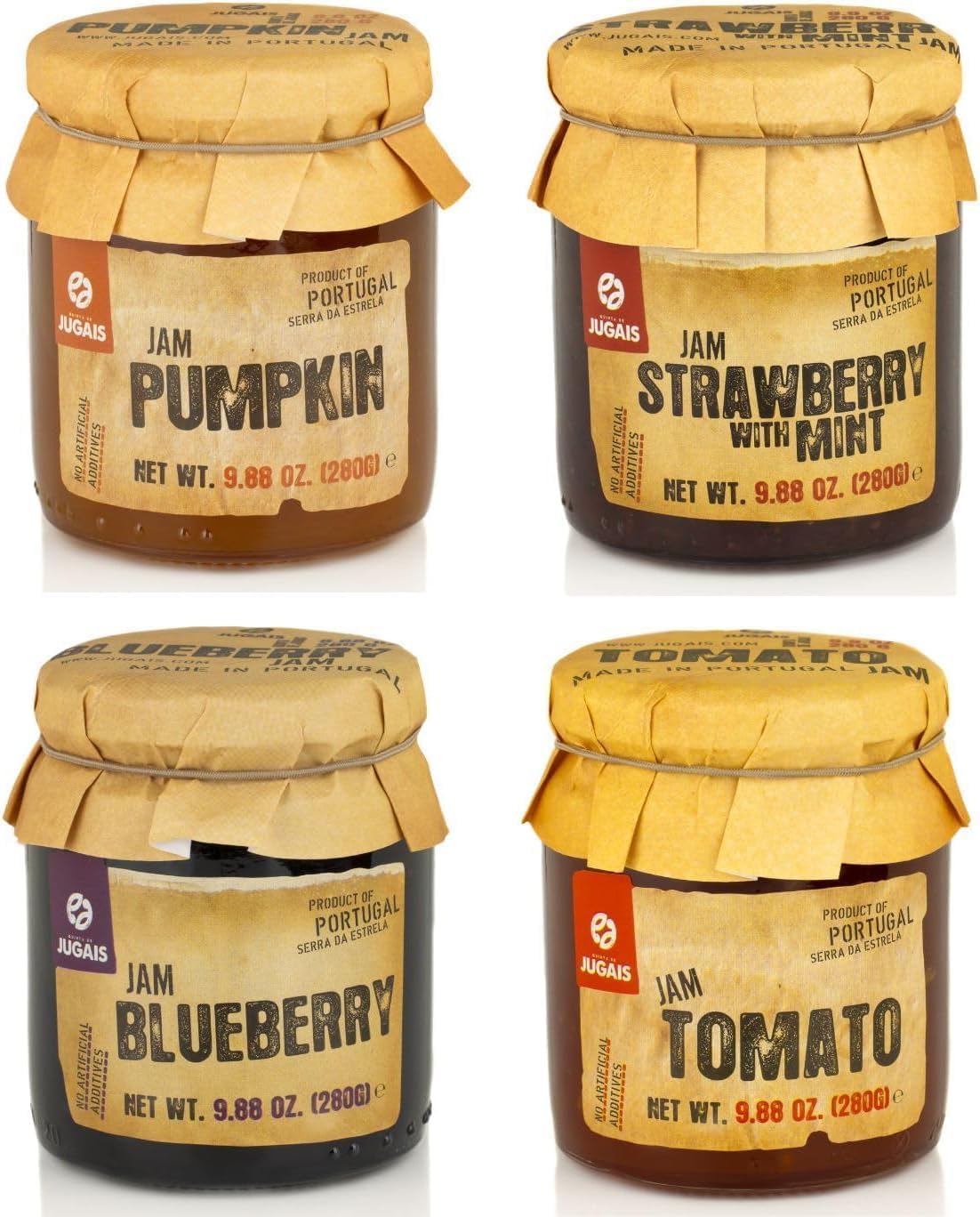 Vielfältige Auswahl an Marmeladen, Set mit 4 Gläsern à 280 g, exklusive Geschmacksrichtungen: Kürbis, Erdbeere mit Minze, Heidelbeere, Tomate – ohne künstliche Zutaten.