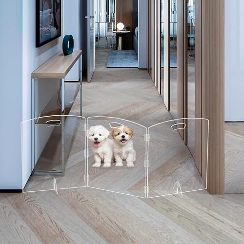 Clear freestanding Dog gate for Indoor use,Pet Gates for doorways no Drilling,Acrylic Foldable Dog gate for Stairs with Support feet (3Panel - 60''W x 23''H)