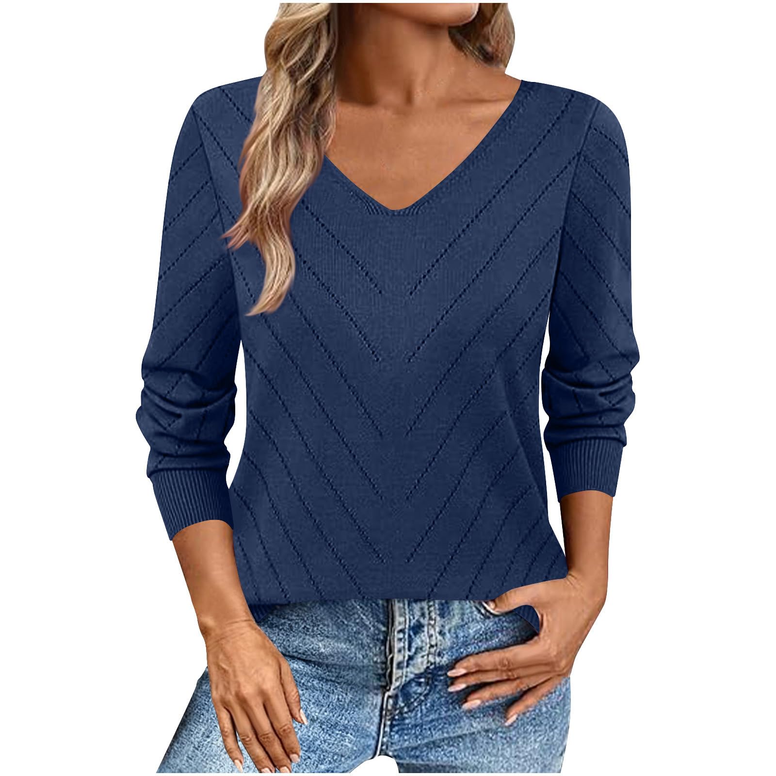 Womens Sweaters V Neck Casual Knit Long Sleeve Hollow Out Soft Pullover Cozy Dressy Casual Top Fall Fashion