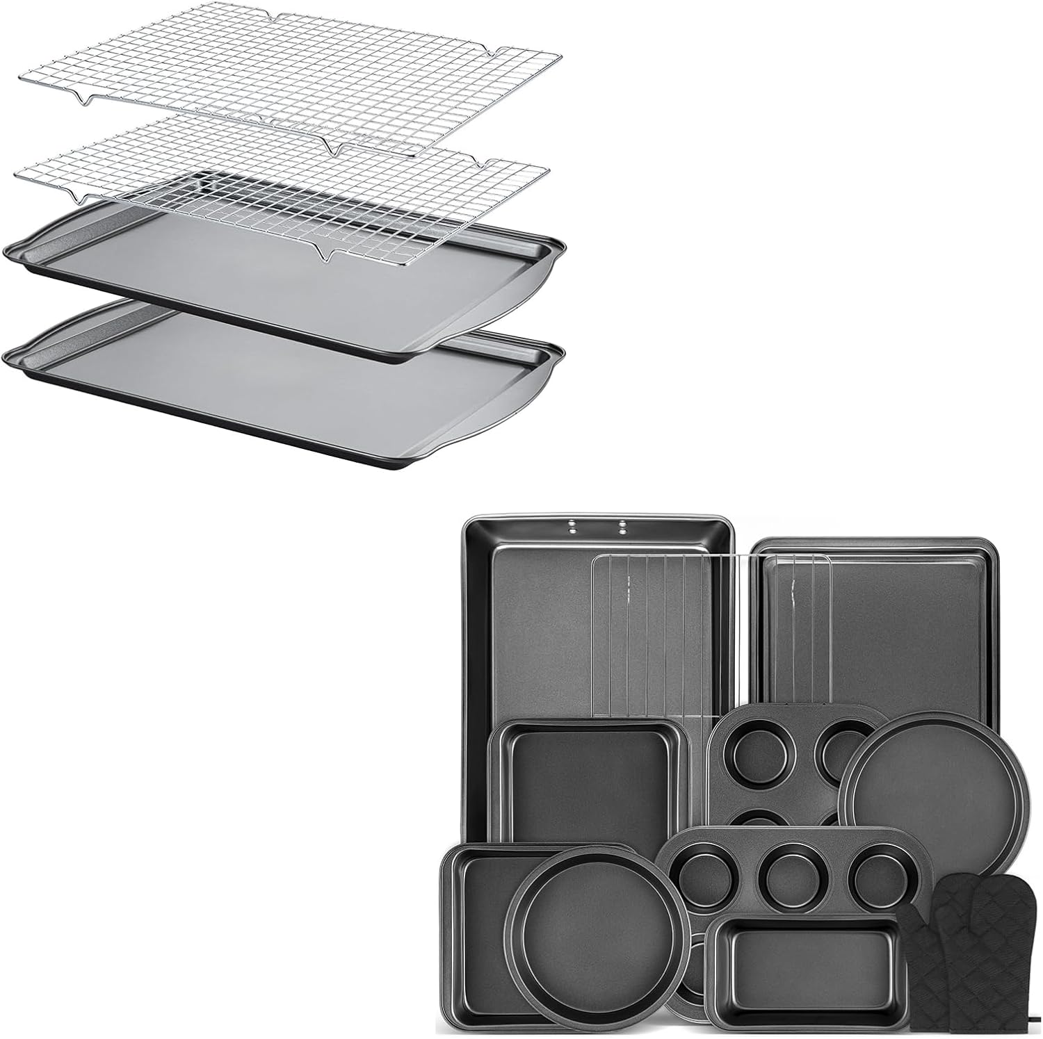 16 Pieces Baking Sheet, Cooling Racks and Bakeware Set, Carbon Steel Baking Pans Set with Wider Grip, Includes Roasting Pan, Cookie Sheet, Cake Pans, Muffin Pans, Cooling Rack, Oven Mitts, Easy