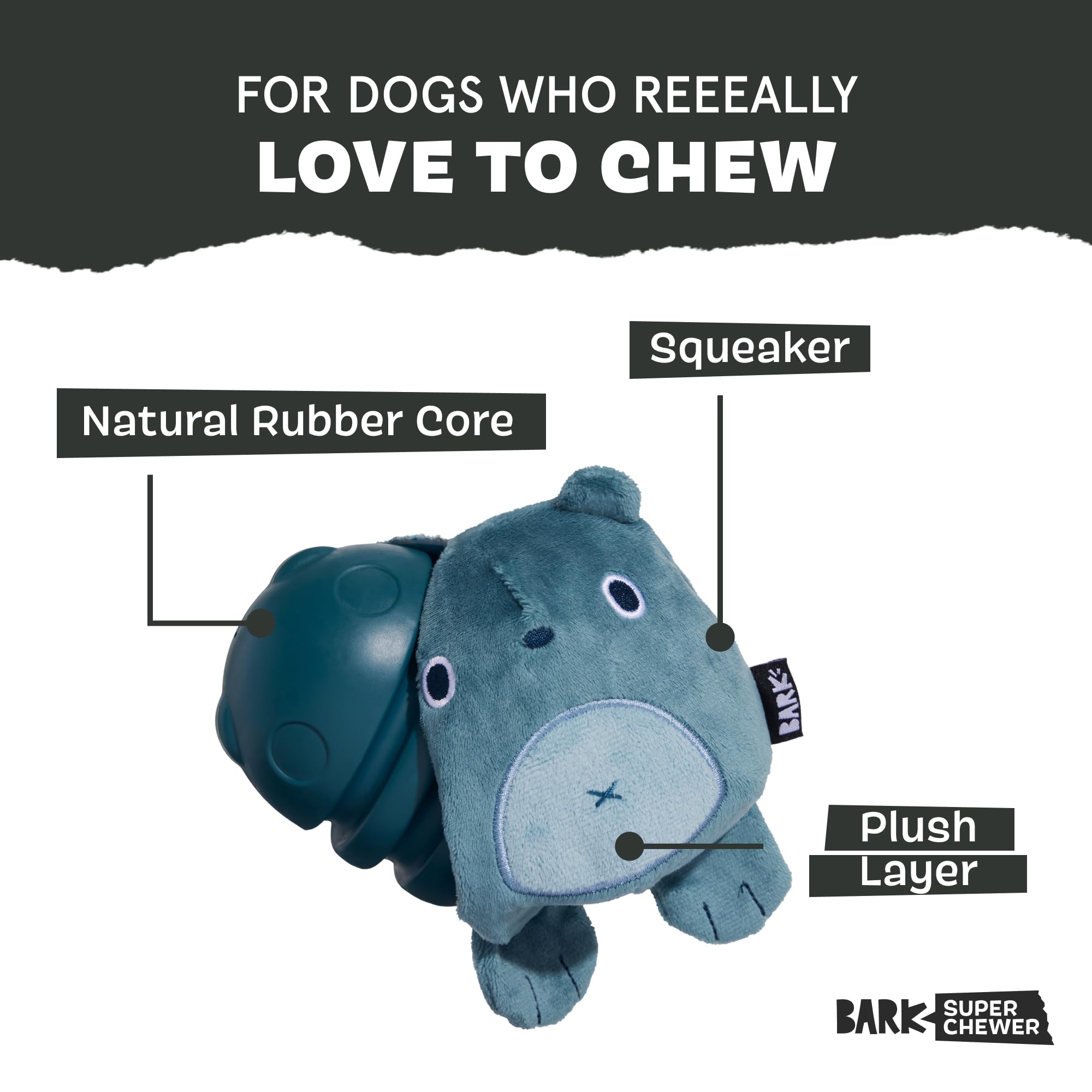 Barkbox Grey Bear Hugger Super Chewer 2-in-1 Plush Exterior Hard Core Plush Toy, Large Breeds