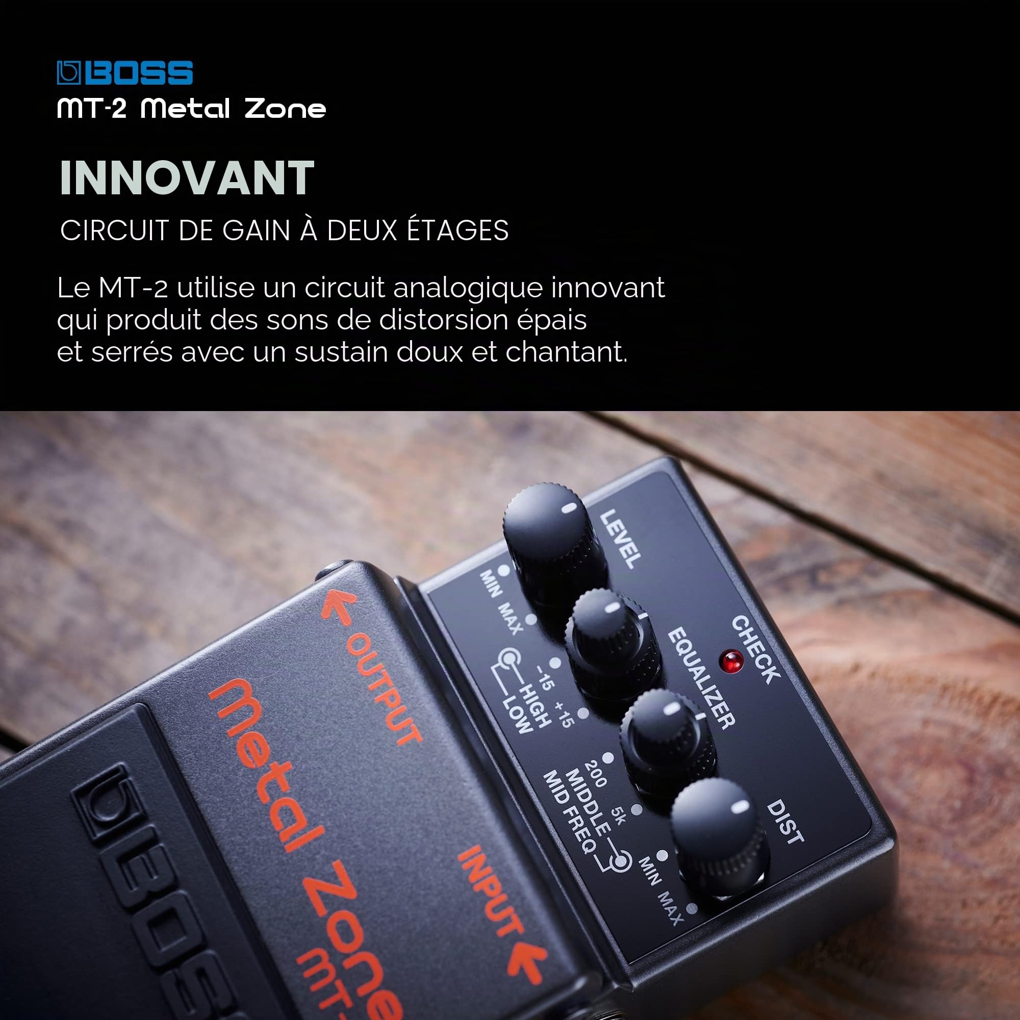 MT-2 BOSS - La pédale d'effets Metal Zone pour guitare et basse. La légendaire pédale de distorsion à haut gain, plus d'un million d'unités vendues. La garantie 5 ans BOSS. | Distorsion haut gain pour guitare et basse avec gain à deux étapes et égaliseur