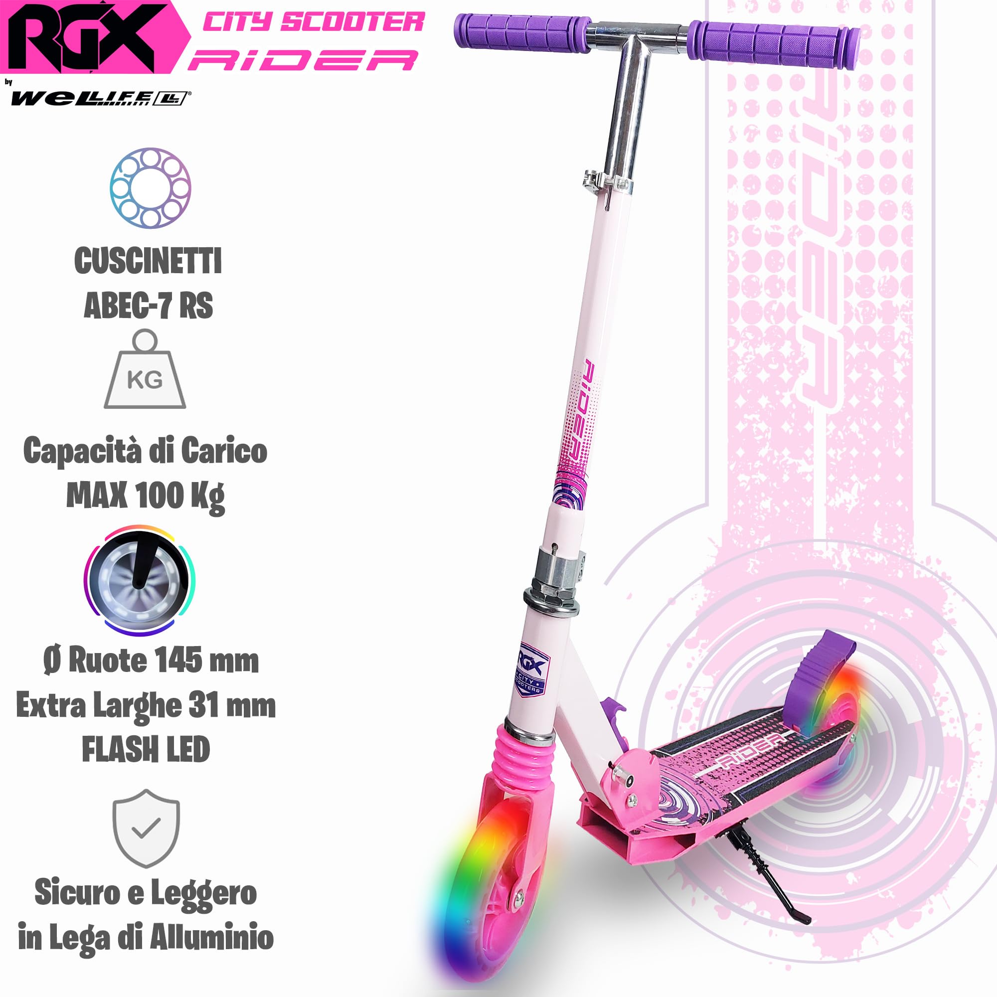 WeLLIFE |Monopattino per Bambini in Alluminio| Ruote luminose a Led grandi 140mm| Monopattino Rosa in Alluminio| Altezza Regolabile per Bambini