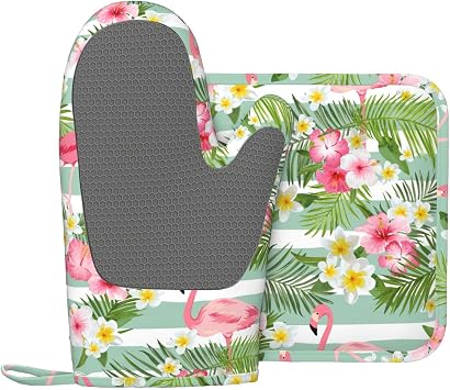 Flamingo Tropical Flower Summer Oven Mitts and Pot Holders Set of 2 Silicone Heat Resistant Oven Mitten Potholders Non Slip Gloves Kitchen Decor for BBQ Cooking Grilling Baking