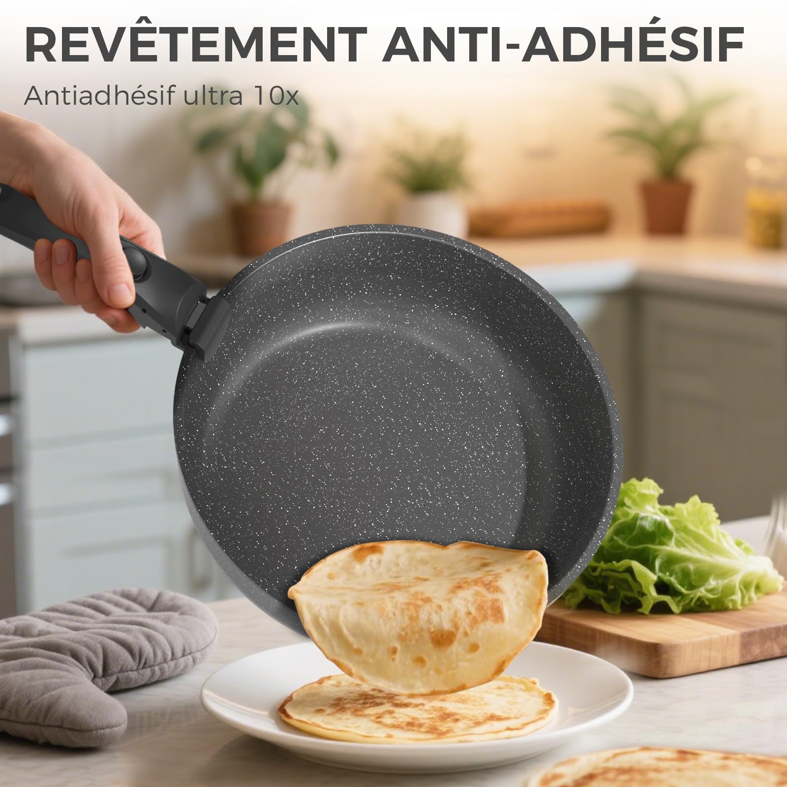 YASHE Batterie de Cuisine 9 Pièces, Set de Casseroles et Poêles Antiadhésives, Compatible Tous Feux dont Induction, Poignées Amovibles, Passe au Four, Design Empilable et Gain de Place, Grise