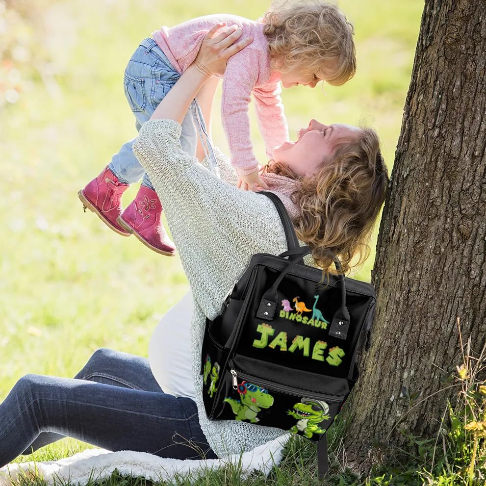 Image of Personalized Dinosaur Diaper-Backpack Baby-Gifts Large Nappy-Bag | Customized Diaper-Bag as Gifts for New Mom Dad Parents Waterproof Mommy-Bag Black Baby Travel Backpack