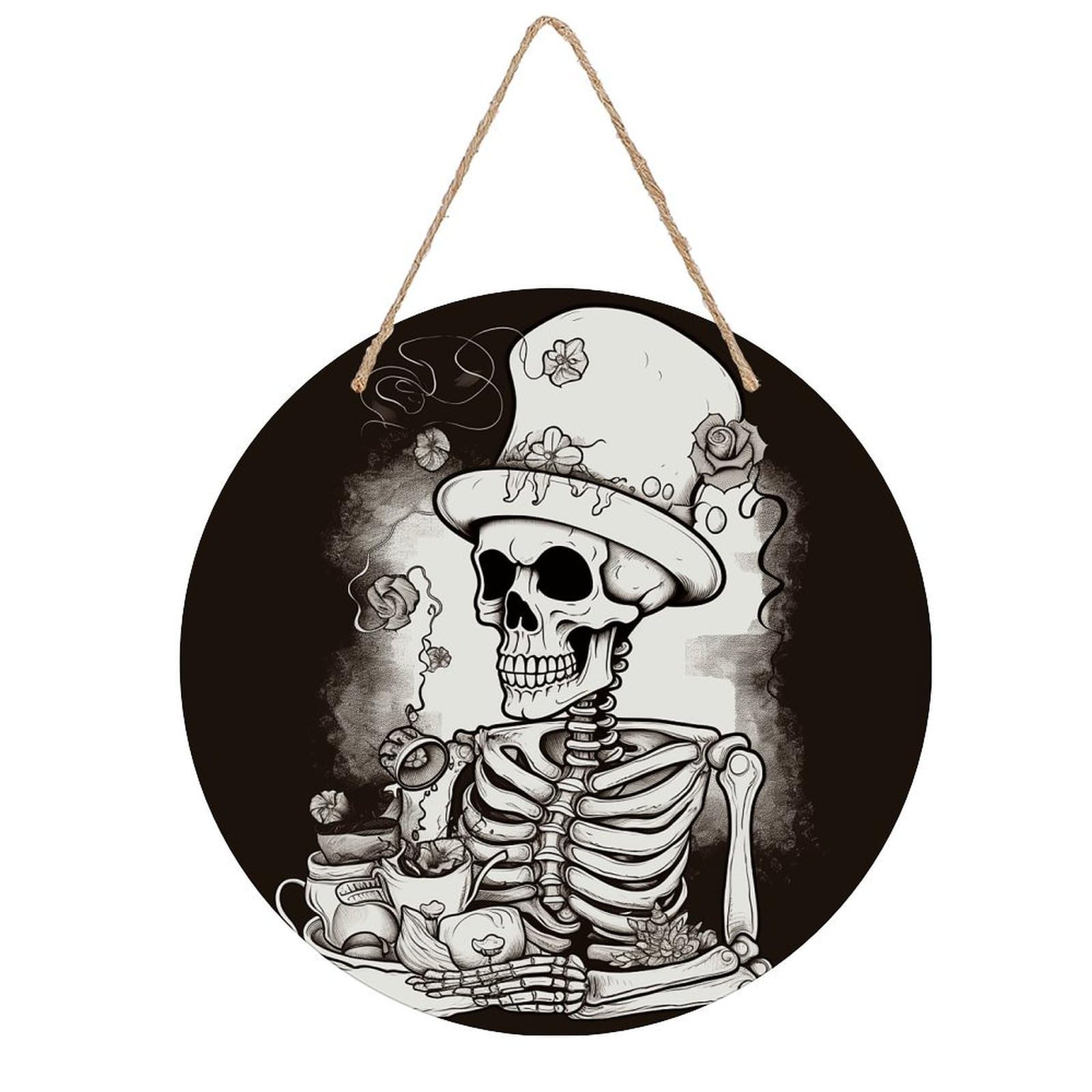 Adfgyerh Style Skeleton Chef Room Decor，Round Wooden Board Painting，Wall Art，Easy To Hang，Wall Decor ，Suitable For Homes, Offices, Holidays, Bars, Cafes, And Other Venues.