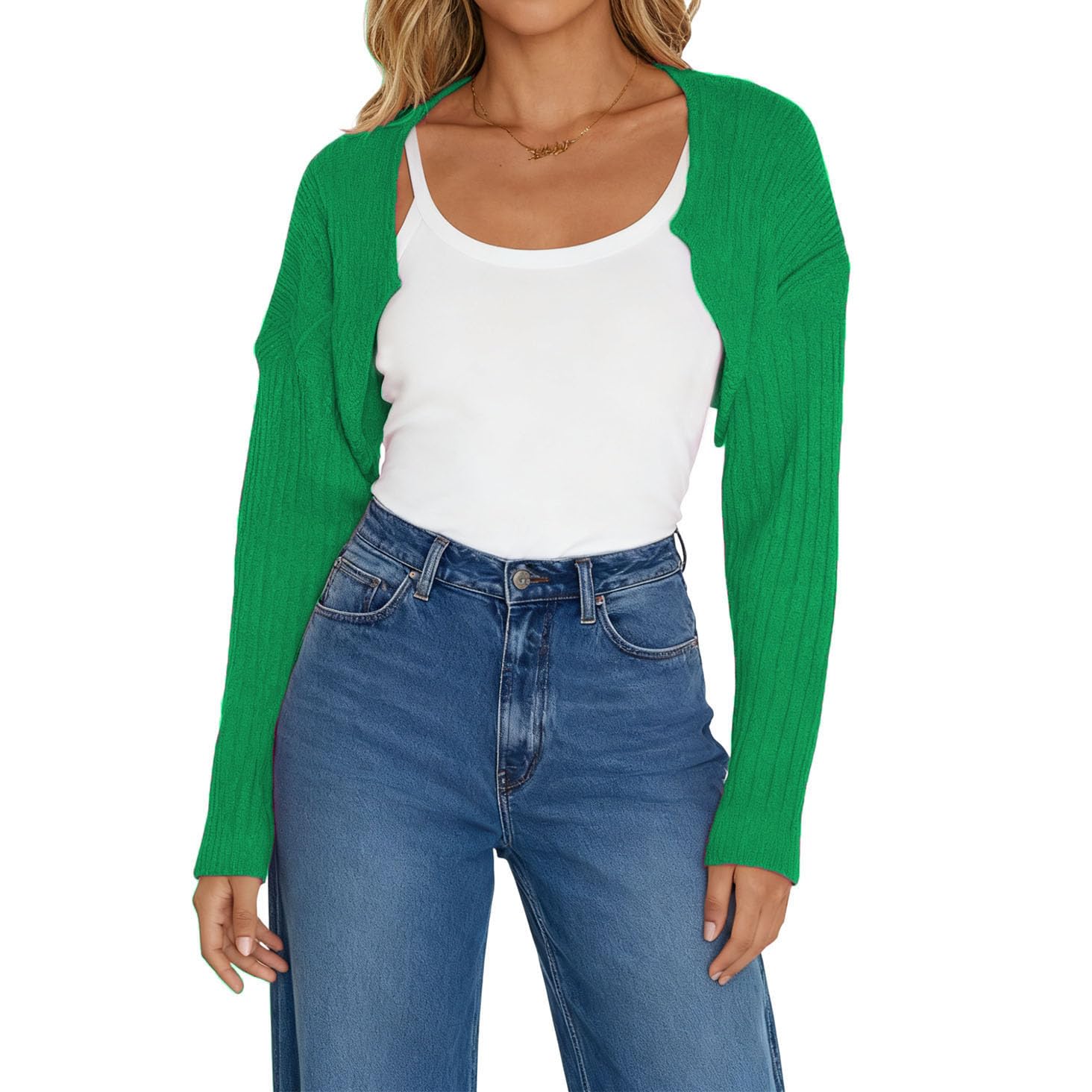 Women Long Sleeve Open Front Ribbed Knit Crop Cardigan Solid Loose Drop Shoulder Shrug Bolero Crop Sweater Top
