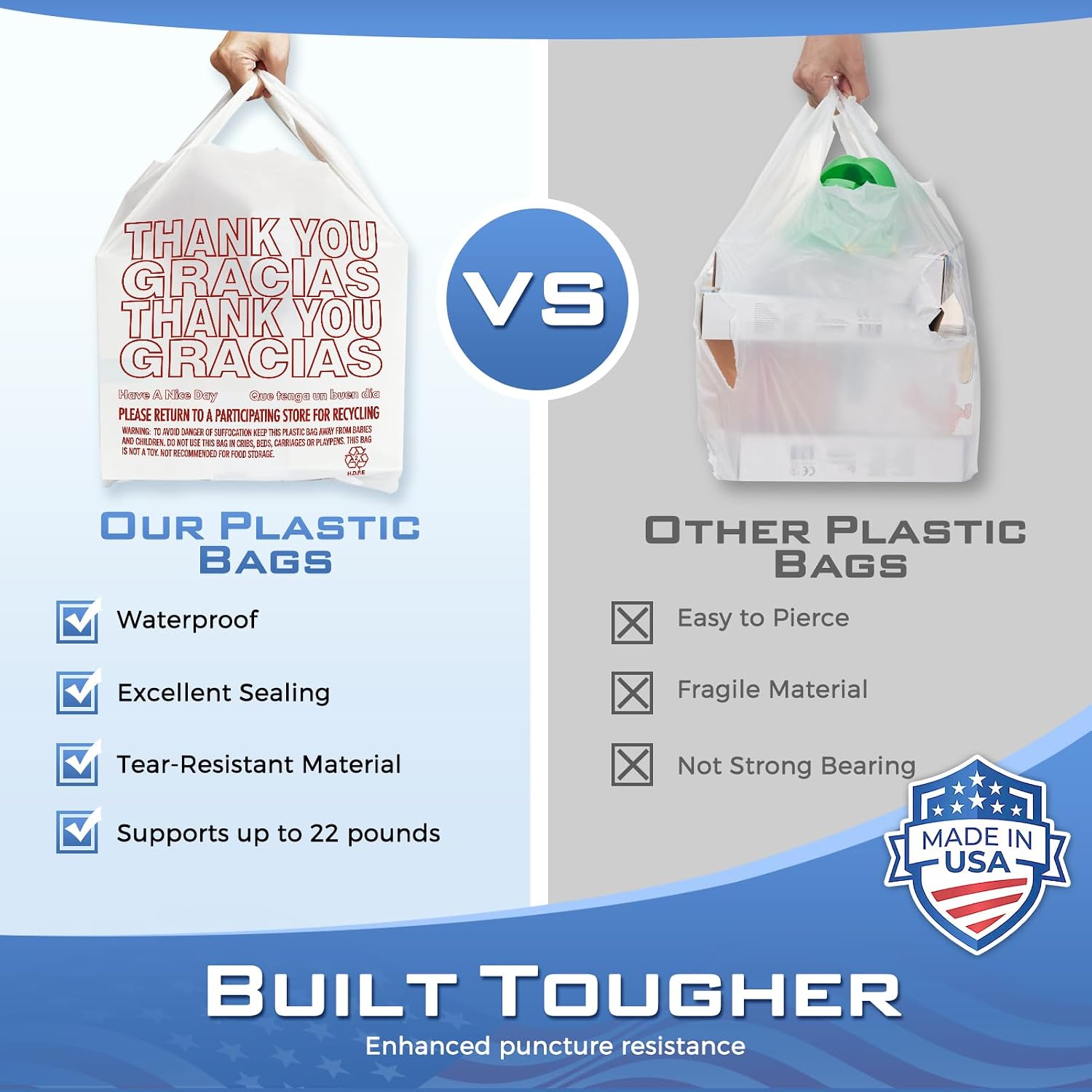  Plastic Thank You (Gracias) Shopping Bags with Handles 1000 Count | Plastic T-Shirt Bags for Grocery, Restaurant, Take Out, To Go, Retail Store, Super Market, in Bulk (Made in USA) thumbnail