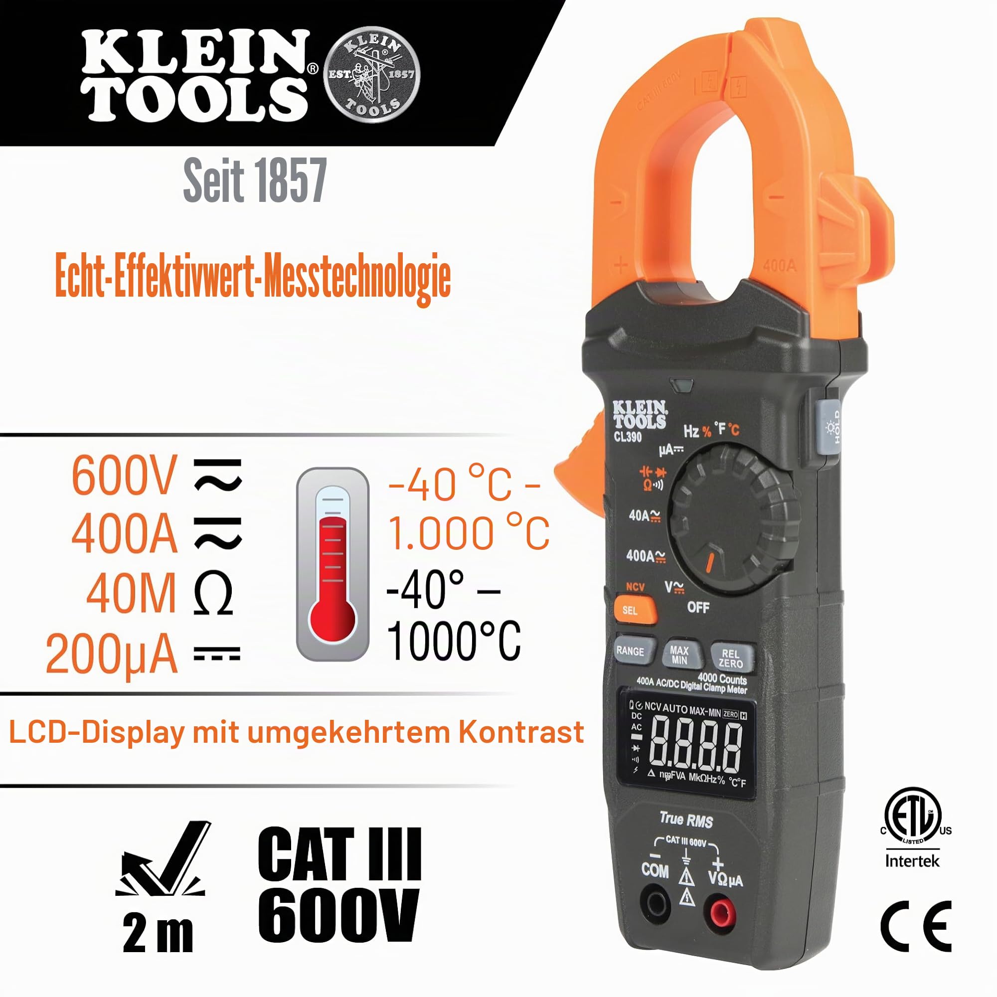 Klein Tools CL390 | Digitales AC/DC-Zangenmessgerät 400 A mit Auto-Range, True RMS & NCV-Spannungstest | Misst Spannung Strom Widerstand Durchgang | Hintergrundbeleuchtetes Display | CAT III 600 V