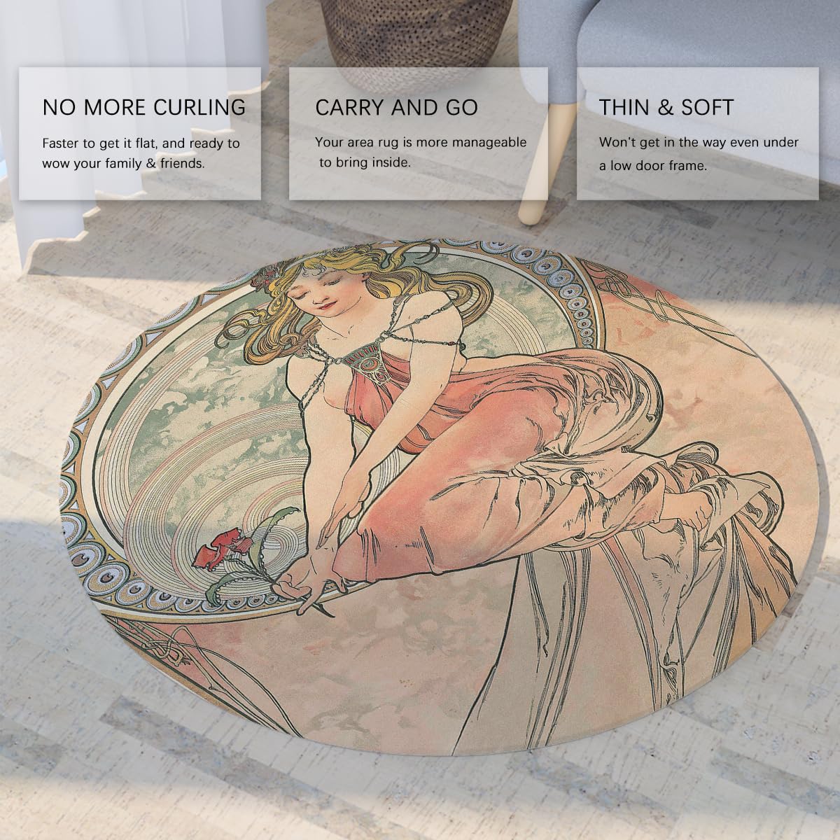 Boho Round Teppich 240cm Waschbarer Wohnzimmerteppich | Weiche rutschfeste Kreis-Schlafzimmerteppiche, elegante Vintage Damen-Rundteppiche für Kinderzimmer, Esszimmer