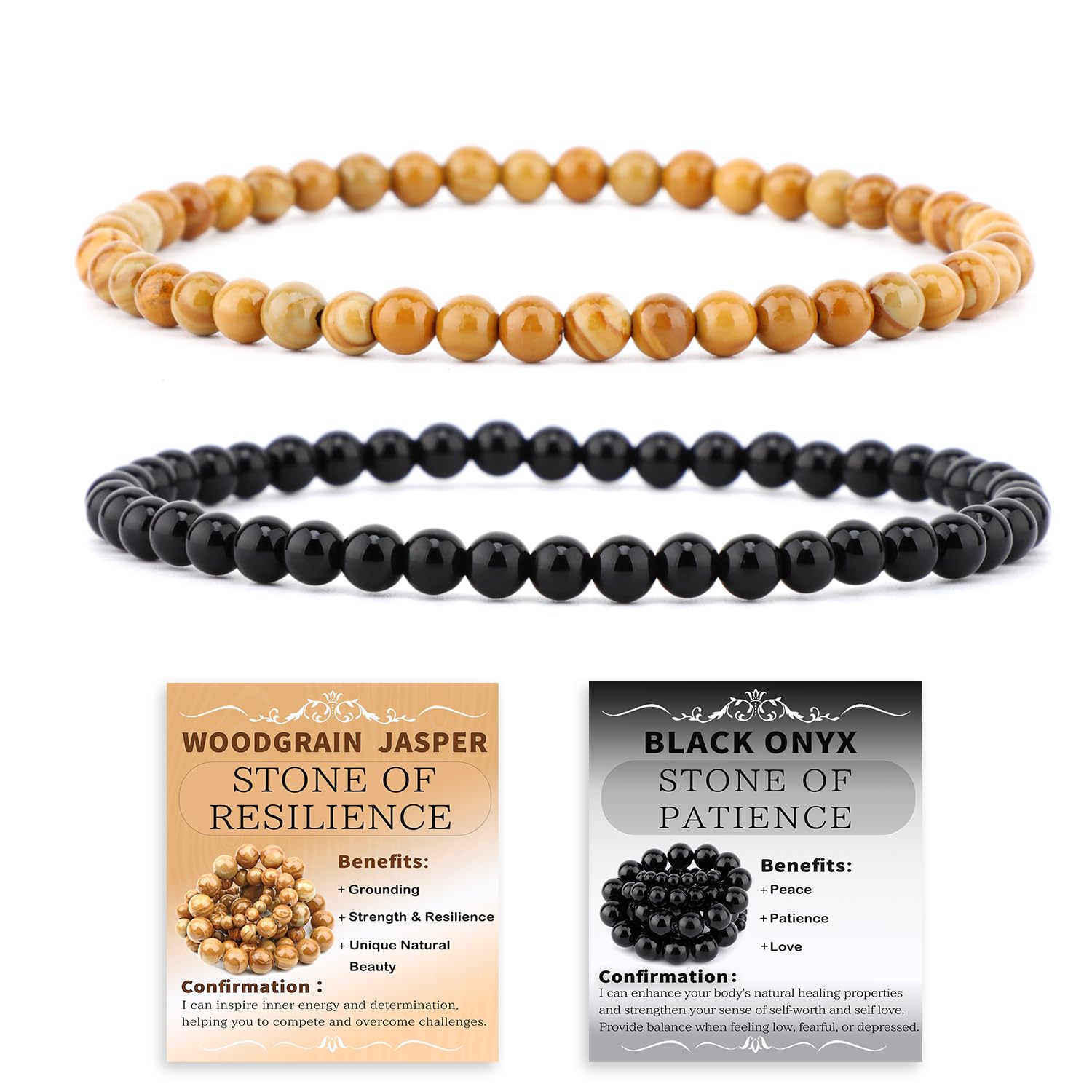 NCB Natural Crystal Gemstone Stretch Bracelets (4mm, 2-Pack) | Handmade Reiki Healing Jewelry for Meditation, Yoga - main product image