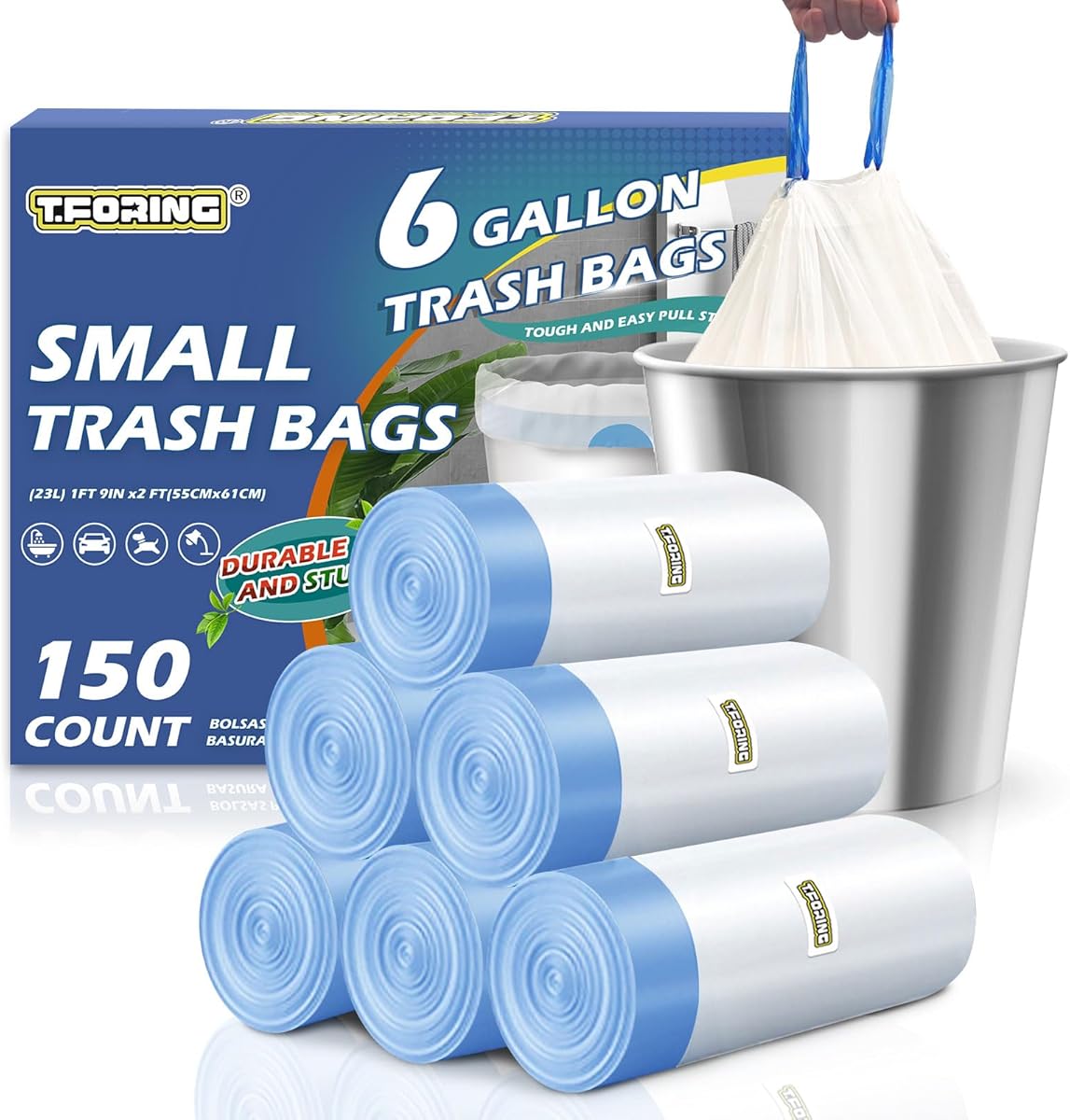 T.FORING 150 Count 6 Gallon Trash Bags Drawstring - 1.1 Mil Heavy Duty Medium Garbage Bags,22.5 Liter Strong Plastic Can Liners Unscented,Thick Waste Basket Bags for Bathroom Office Kitchen
