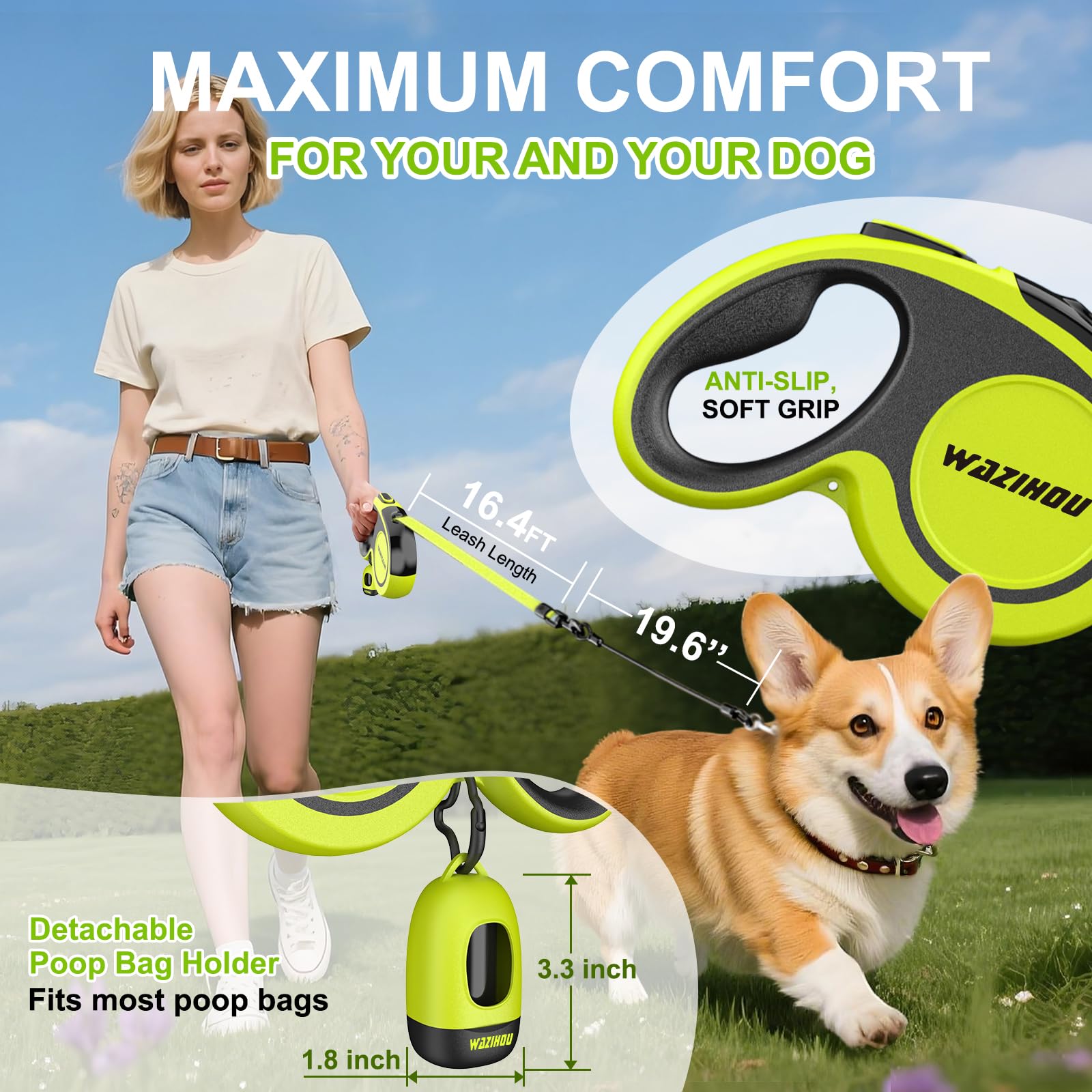 Correa retráctil para perro de 18 pies – Bolsa desmontable para excrementos y cable a prueba de masticación e incluye correa retráctil reflectante resistente para perros pequeños, medianos y grandes