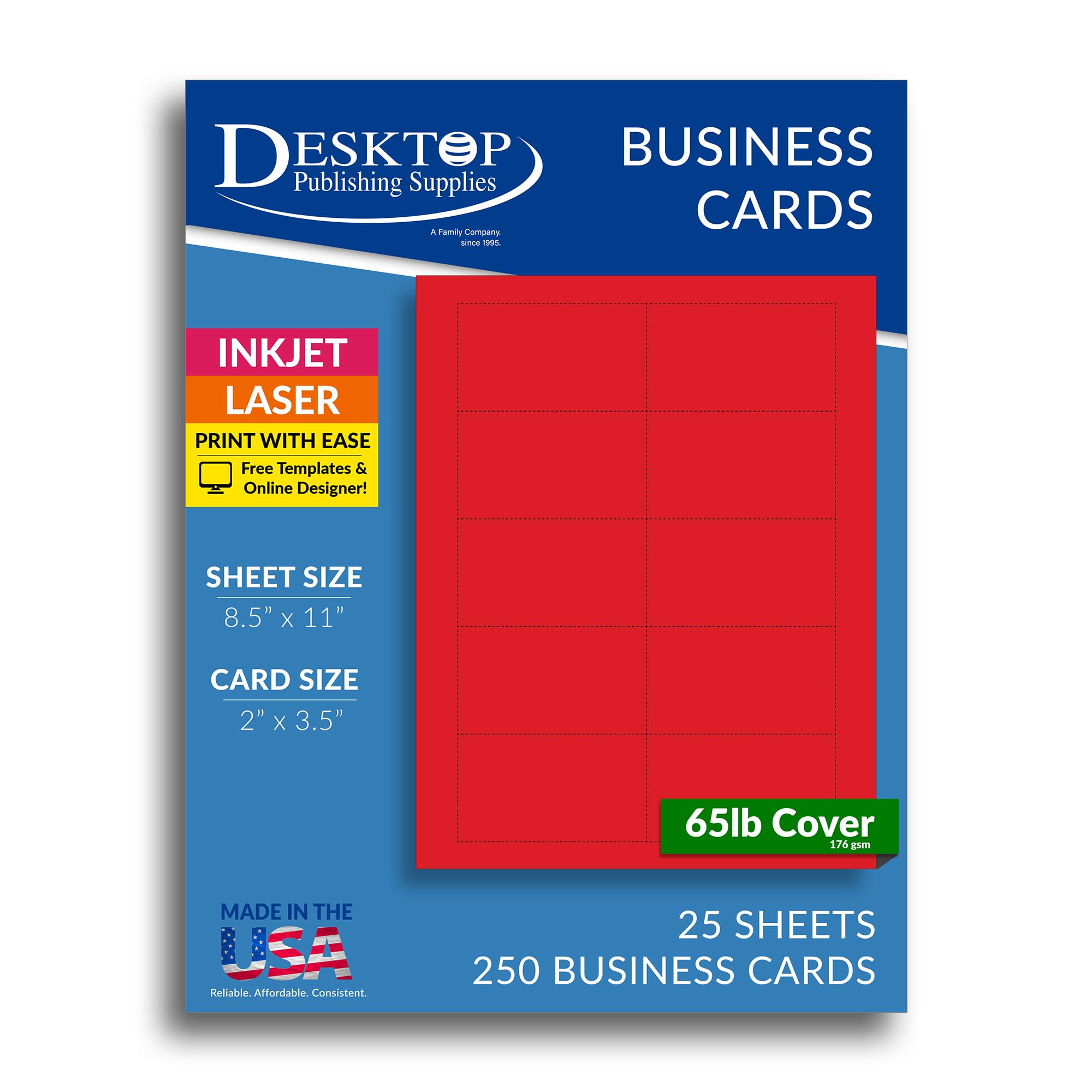 250 Red Business Cards 3.5" x 2" - Printable Colored Blank Business Card Paper Sheets, Micro Perforated Cardstock Business Cards 65lb Cover (176gsm)