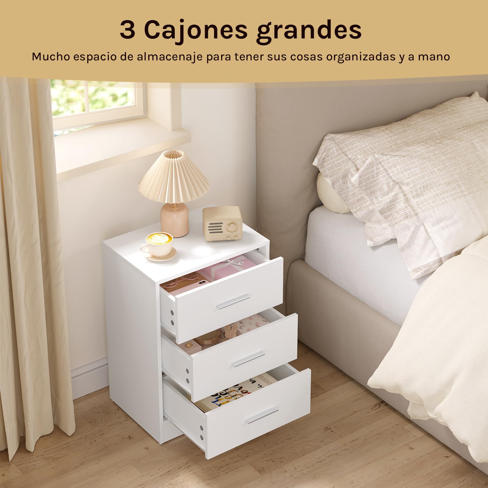 WOLTU Juego de 2 Mesitas de Noche con 3 Cajones, Mesillas para Dormitorio, Estilo Moderno, Estructura de Madera, 39 x 28 x 54 cm, Blanco NTS26ws-2