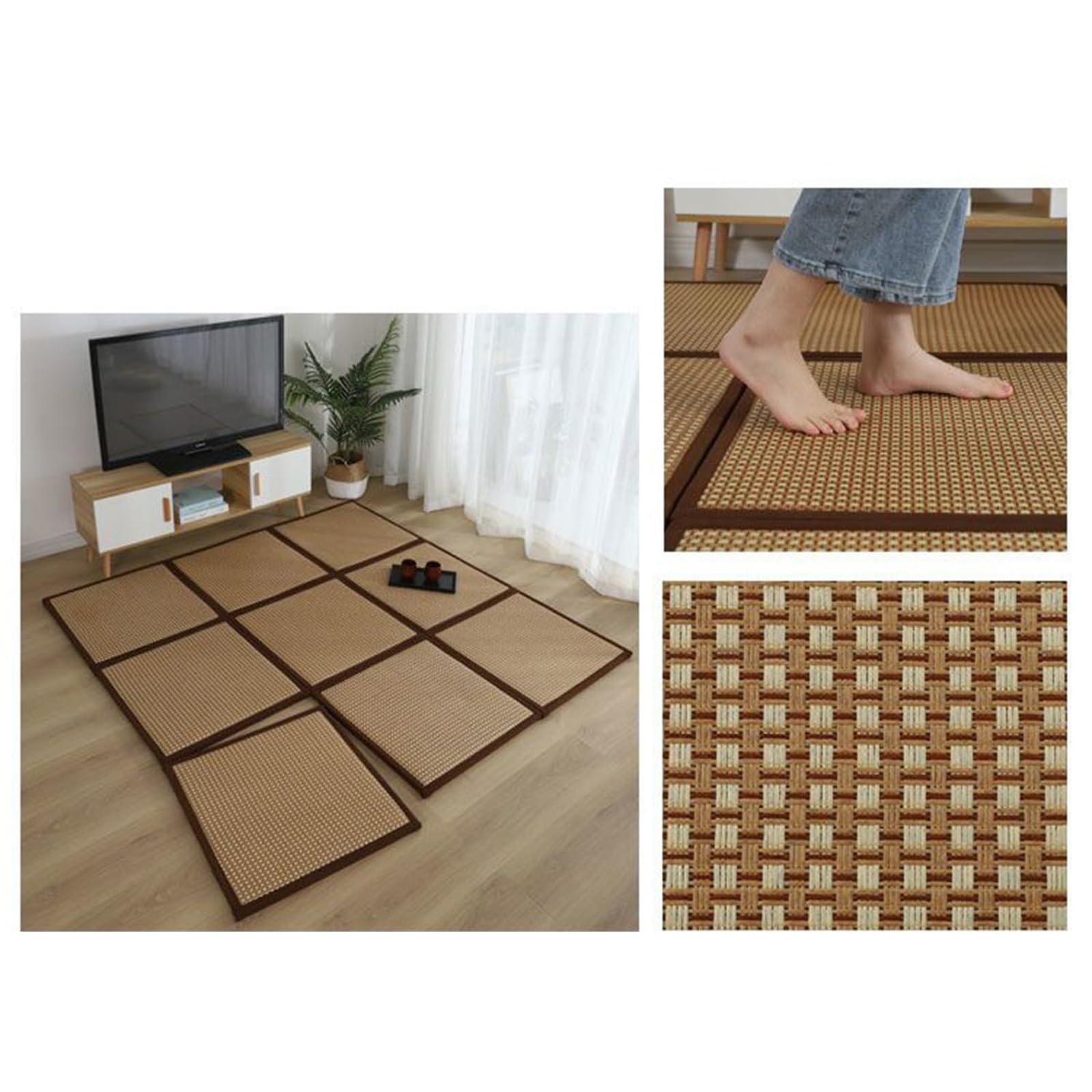 Tatami Tapis de sol tissé naturel antidérapant, respirant, pliable, pour salon, salle de jeux, chambre à coucher, 2 ou 3 pièces