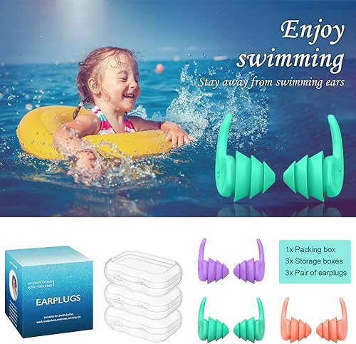 Miniatura 8 de Tapones para los oídos de natación, 3 pares de tapones para los oídos de silicona impermeables y reutilizables para natación, surf, esnórquel y