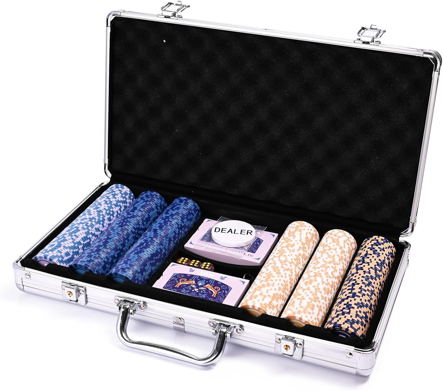 Clay Poker Chips Set for Texas Hold’em,300 Pcs 12 Gram Chips Set with Silver High-end Aluminum Case,2 Deck of Cards, Dealer and 3 Dice for Blackjack,Gambling Game Gifts for Men Adults Poker Players