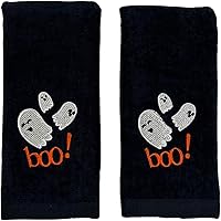 Vista 1 de Juego de 2 toallas de baño de Halloween con diseño de familia fantasma espeluznante, color negro, suave, 100% algodón, 12 x 18 pulgadas, decoración