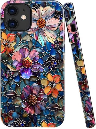 Miniatura 36 de Funda TnXee Compatible con iPhone 15 Pro Max, Funda híbrida brillante de 2 capas para prevenir caídas para niñas y niños, Flor de vidrio manchado