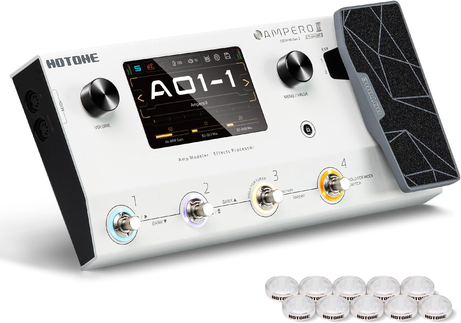 Multi-Effects Pedal Dual Effect Chains with Expression Pedal FX Loop MIDI I/O Stereo OTG USB Audio Interface Touch Screen Ampero II(Include 10 PCS Additional Footswitch Toppers)