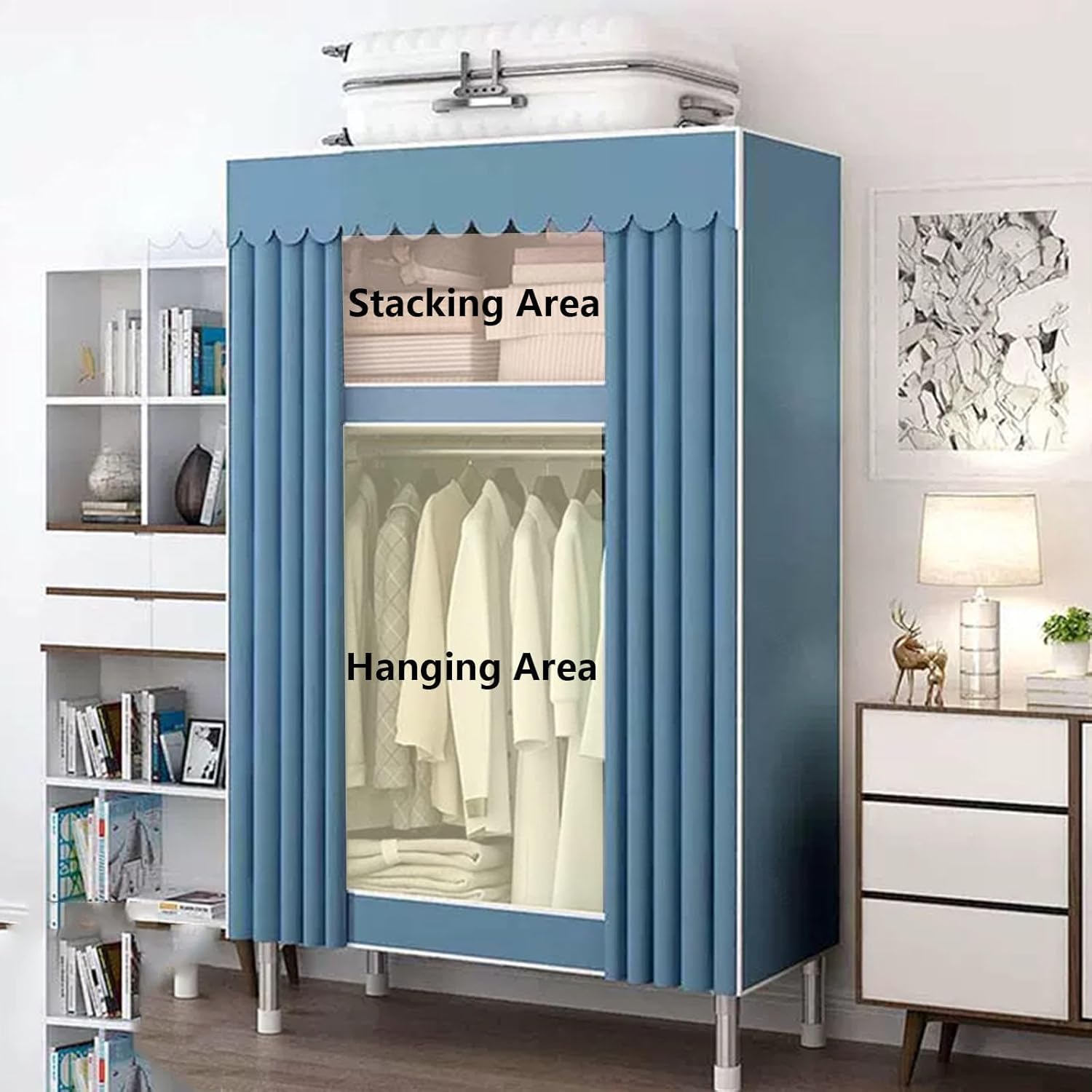 Wardrobe, Canvas Wardrobe for Bedroom, Portable Wardrobe with Hanging Rail, Foldable Closet for Clothes, Bags,White-80x45x168cm