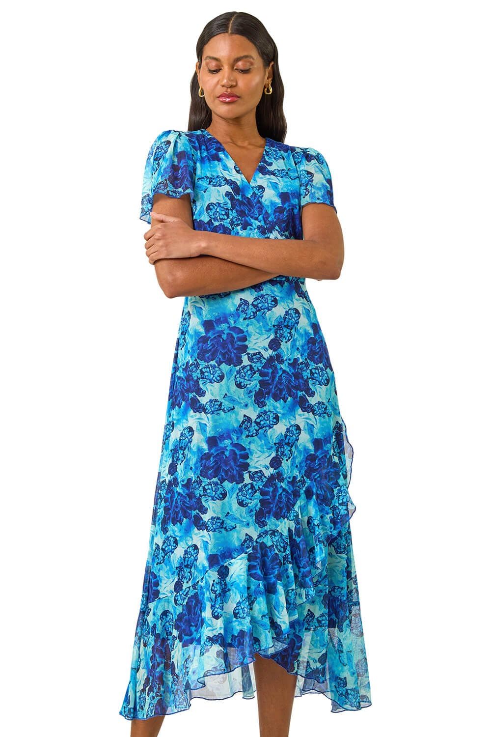 Roman Women's Blue Floral Frill Mesh Stretch Dress In | : Size 10