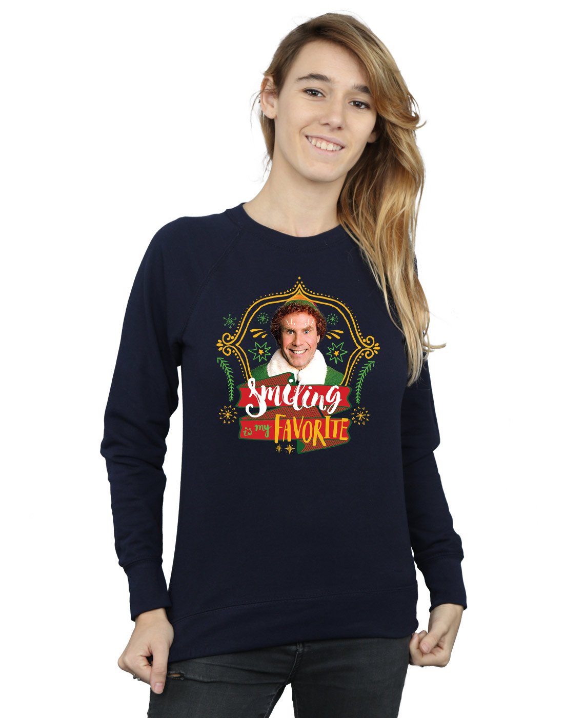 Absolute Cult Women's Navy Blue Elf Buddy Smiling Sweatshirt Medium