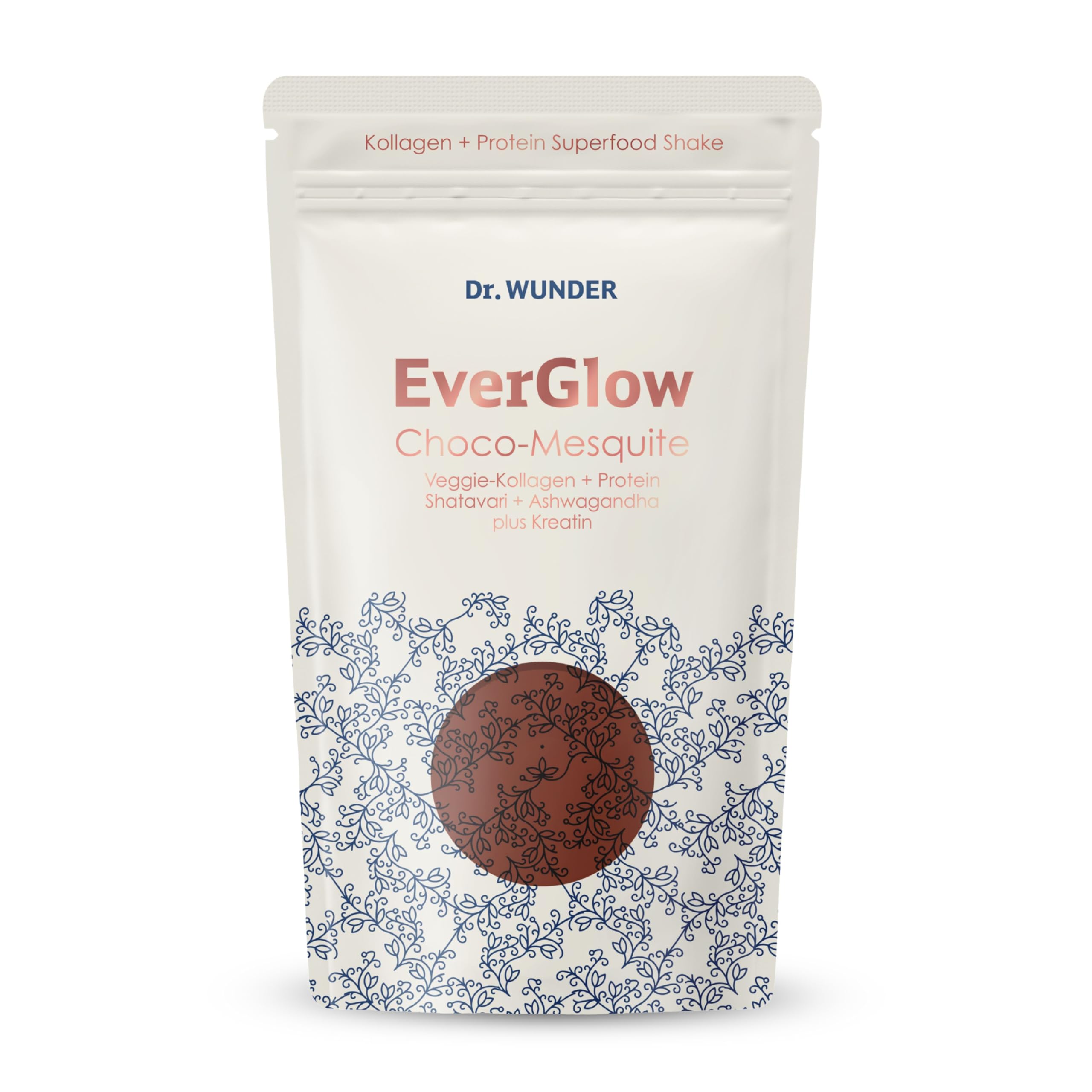 Dr. Wunder EverGlow Choco-Mesquite 350g: Kollagen-Protein Shake mit Kreatin | vegetarisches Eierschalenmembran-Kollagen (Typ I, V, X) | mit Ashwagandha & Shatavari | ohne Zucker – ketotauglich