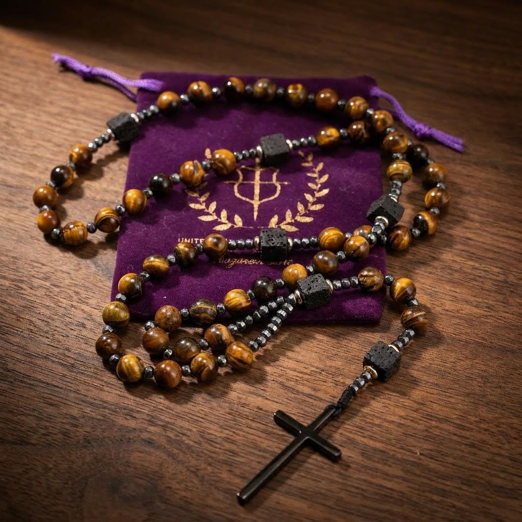 Nazareth Store Men's Rosary Necklace Black Onyx or Tiger Eye Beads with Black Alloy Cross, Catholic Christian Religious Jewelry, Gift for Him
