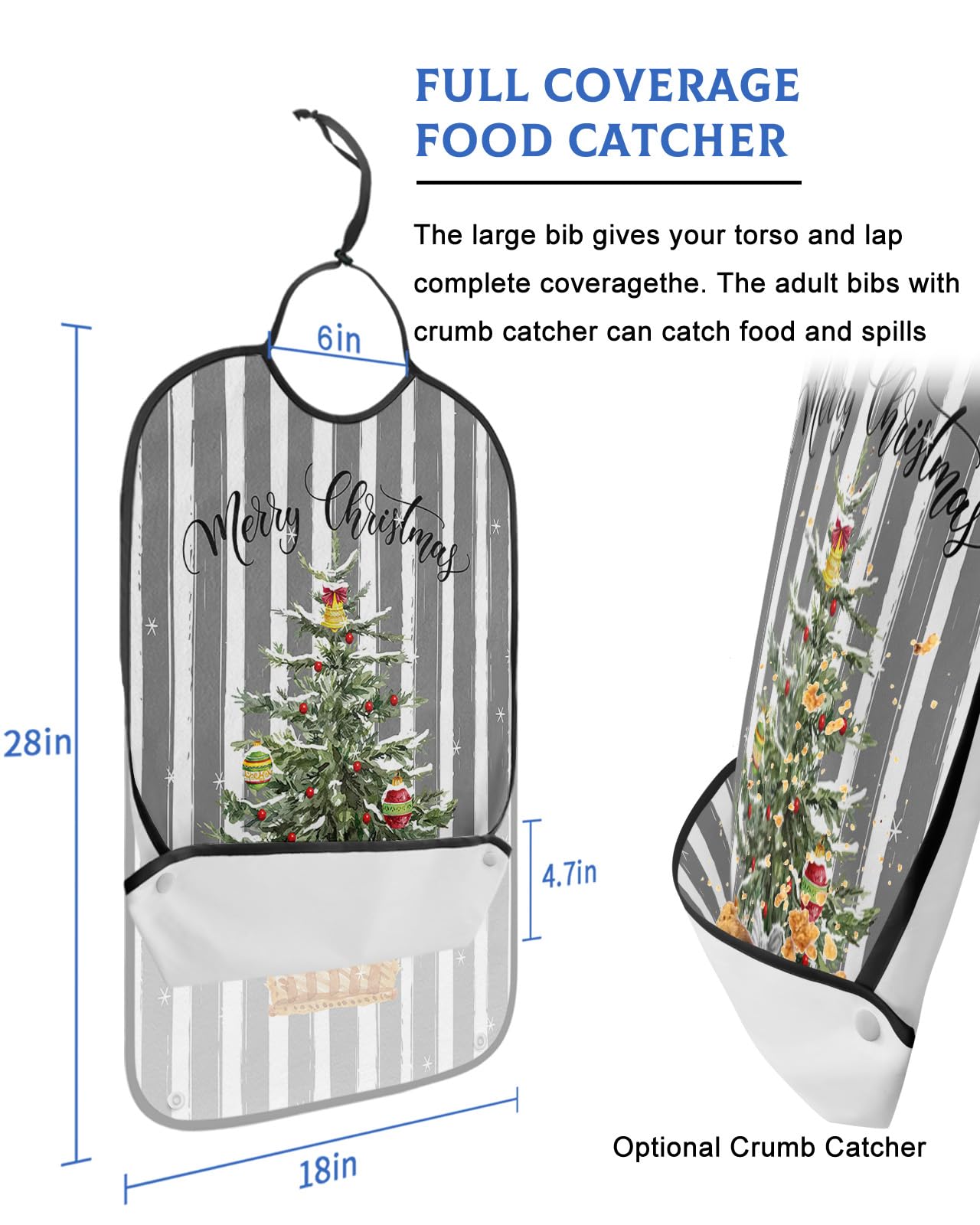 LEOKOTI Grey Christmas Adult Bibs for Eating, Waterproof Bibs with Food Catcher & Adjustable Snap Closure, Xmas Tree Balls Snowflake Gray Striped Washable Clothing Protectors Adult Bibs for Elderly