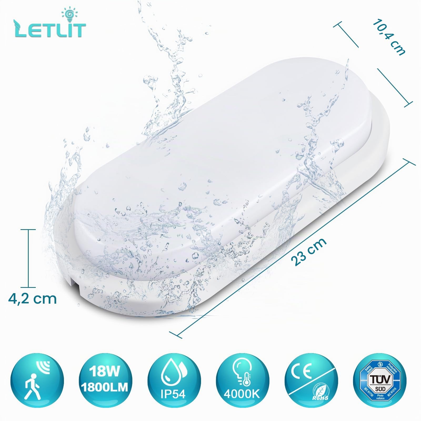 LED Lampe Wandleuchte mit Bewegungsmelder Innen, 2-Stück 18W 1800LM Kellerlampe Deckenleuchte Wandlampe, IP54 Deckenlampe Kellerleuchte Feuchtraumleuchte für Decken Keller Flur Treppe Garage