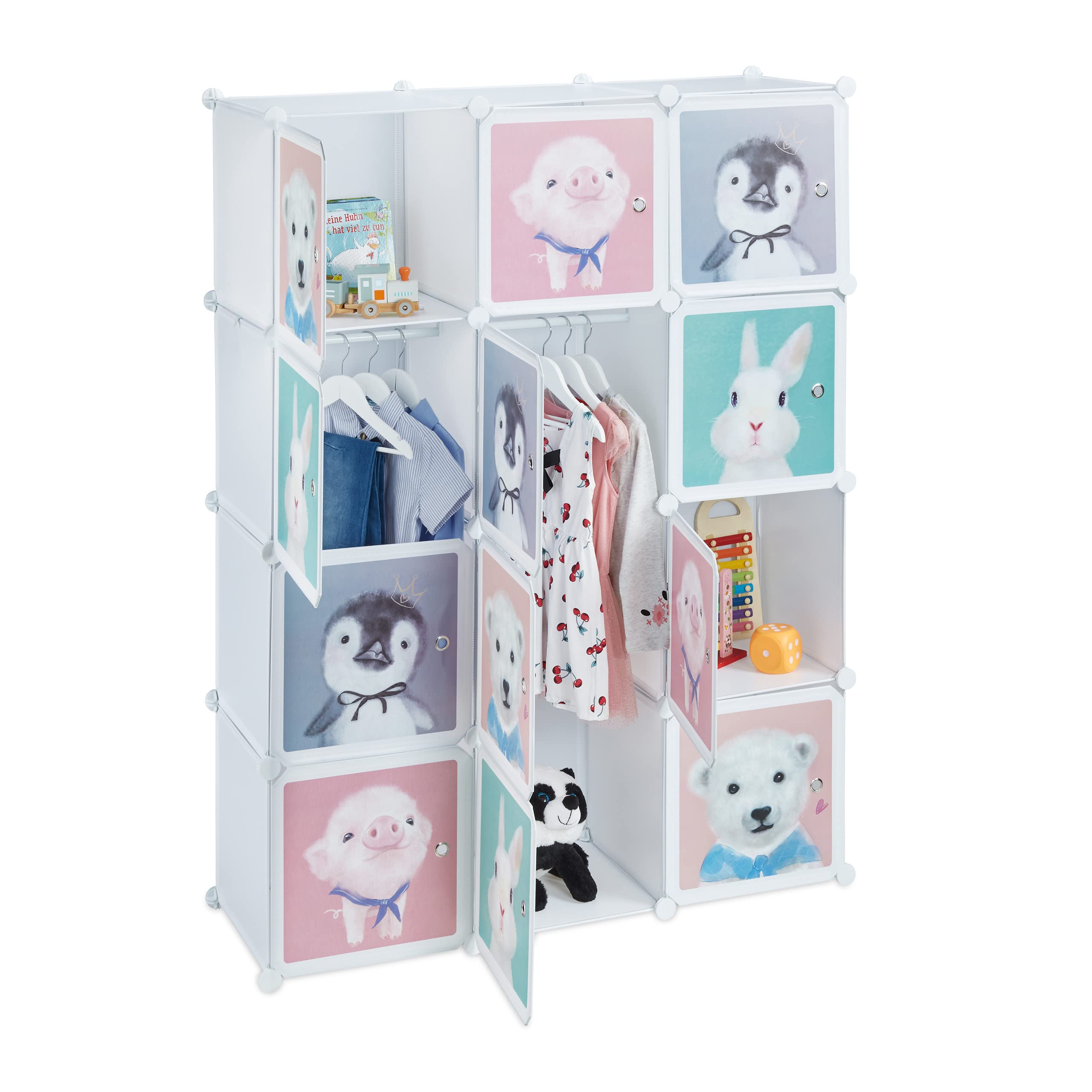 Relaxdays Scaffale Componibile da Cameretta, 8 Scomparti, Disegni di Animali, con Ante, HLP 145 x 109 x 37 cm, Bianco