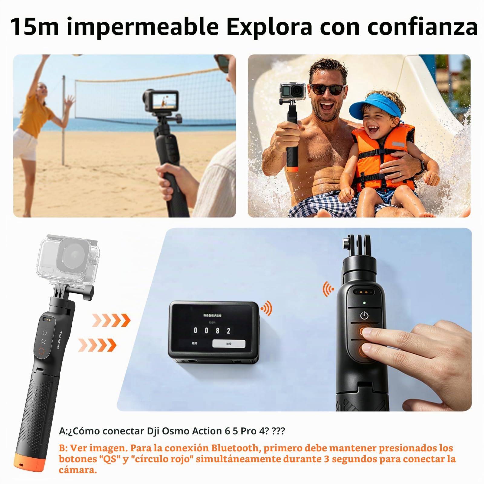 Empuñadura Flotante Selfie Stick trípode Impermeable Extensible Selfie monopod Mango con Mando a Distancia Bluetooth para dji Osmo Action 6 5 Pro 4 Black Action Camera con Amplificador de señal