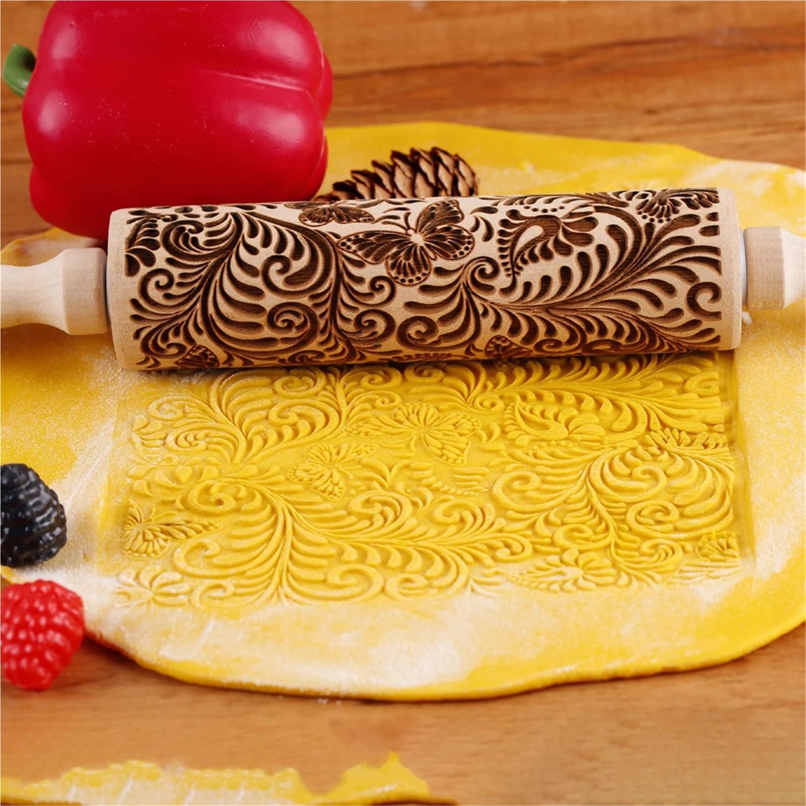 Rodillo de madera con relieve de mariposa de 13,7 pulgadas for repostería, cocina, herramientas for hornear, grabado profundo de enredadera de árbol, sello for galletas. Rodillo para Masa Madera
