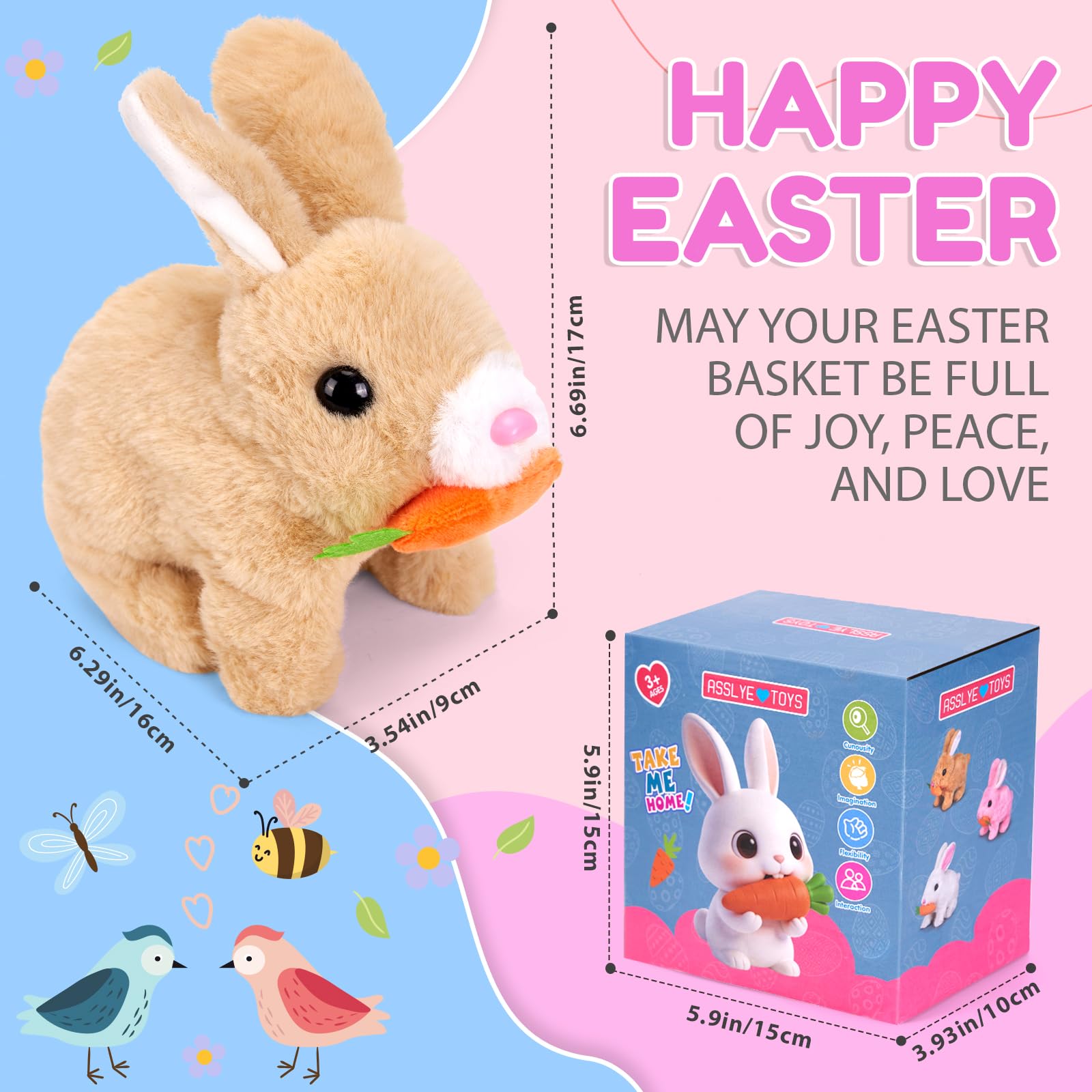 Giocattoli interattivi, coniglio che salta, coniglio di peluche piccoli, suoni e orecchie e naso si muovono, coniglietto di peluche per regali di Pasqua (marrone chiaro + confezione regalo)