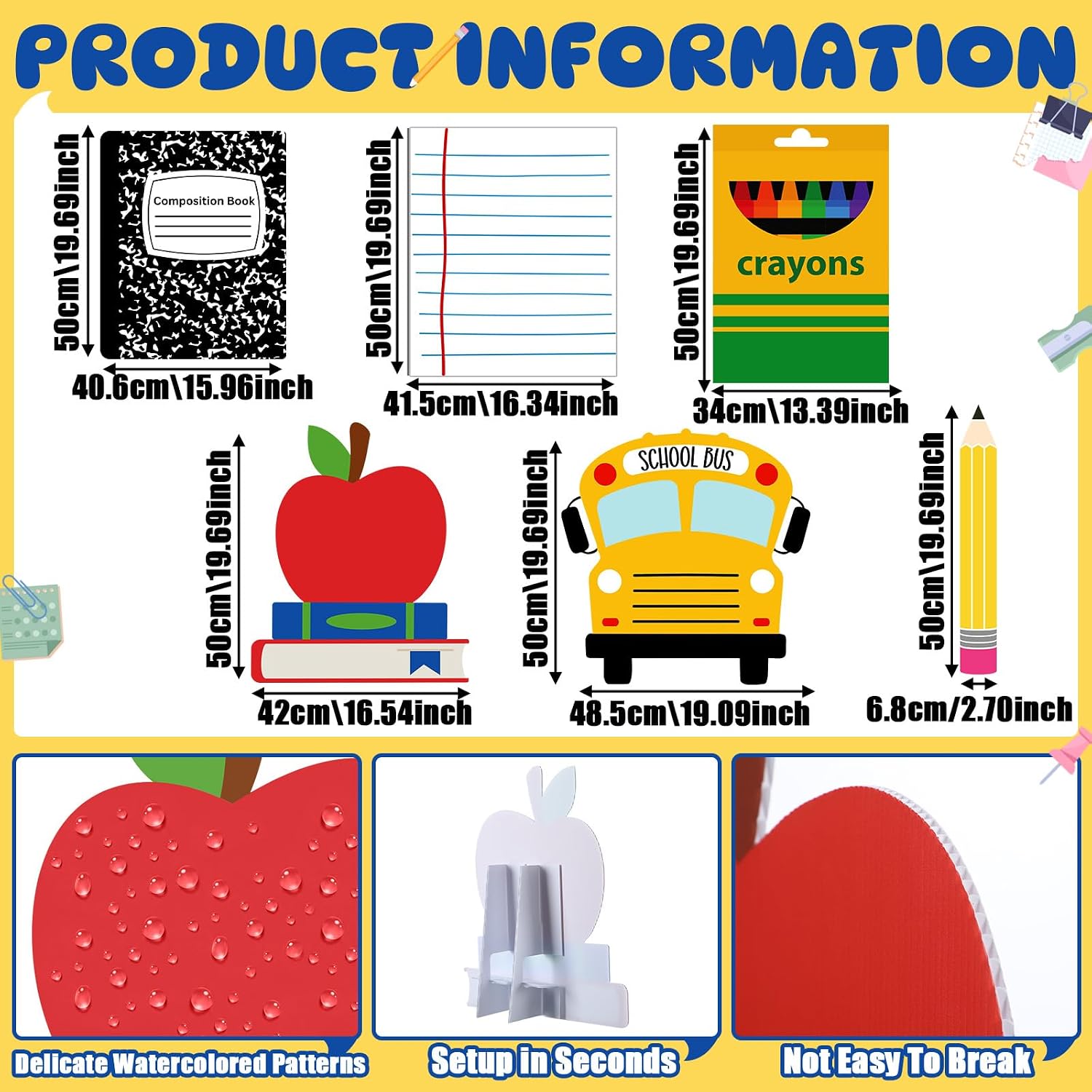 Gerrii 6 Pcs Large Back to School Cutouts Decorations 20 in Plastic Preschool Cutouts with Stand Pencil Composition Notebook Bus Apple Lined Book Crayon Party Sign for Outdoor School Photo Props