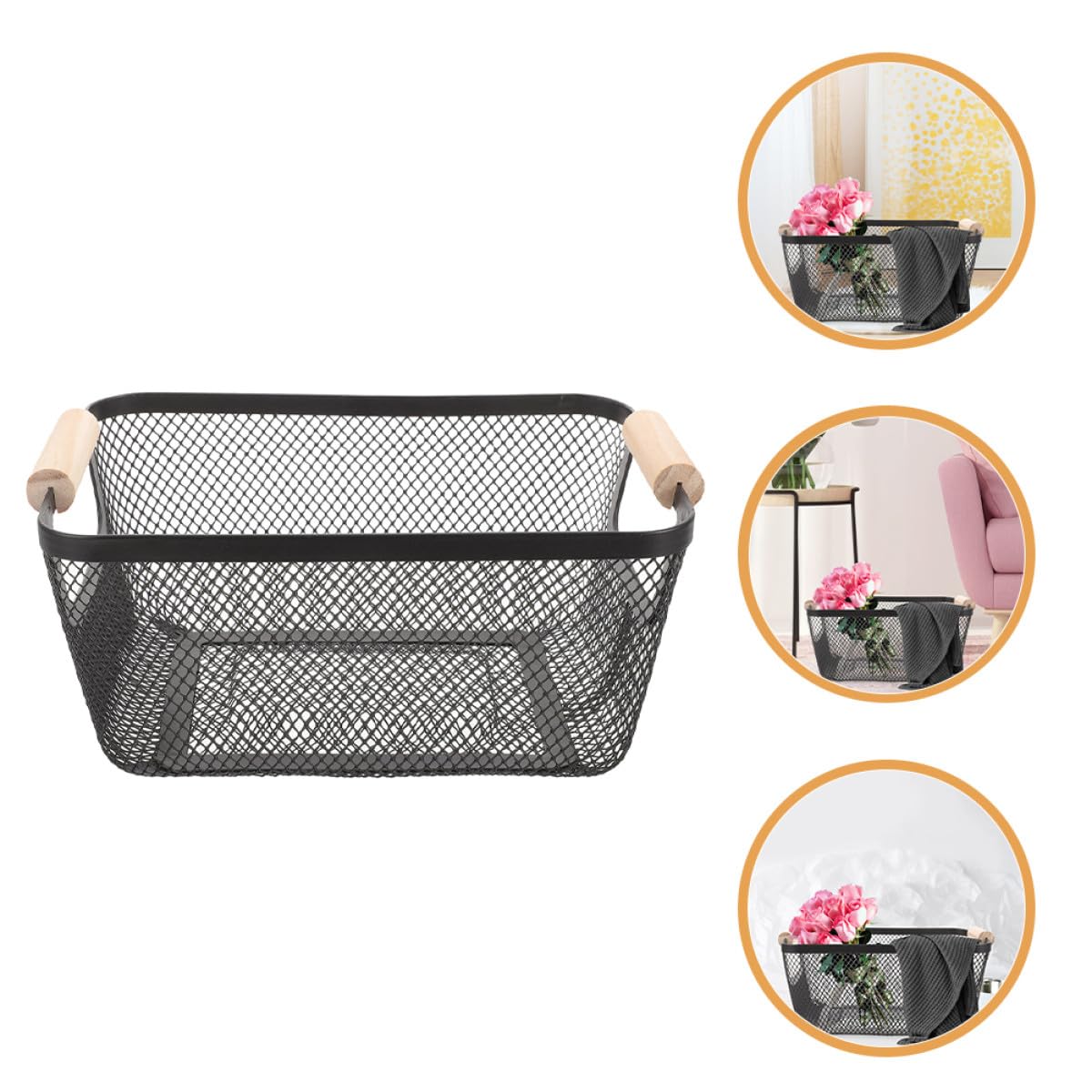 Cesta de Alambre Metálica Negra Mediana Asa de Madera, Cesta Rectangular para Almacenamiento en Baño y Estantes, Organizador Resistente y Decorativo Estilo Nórdico